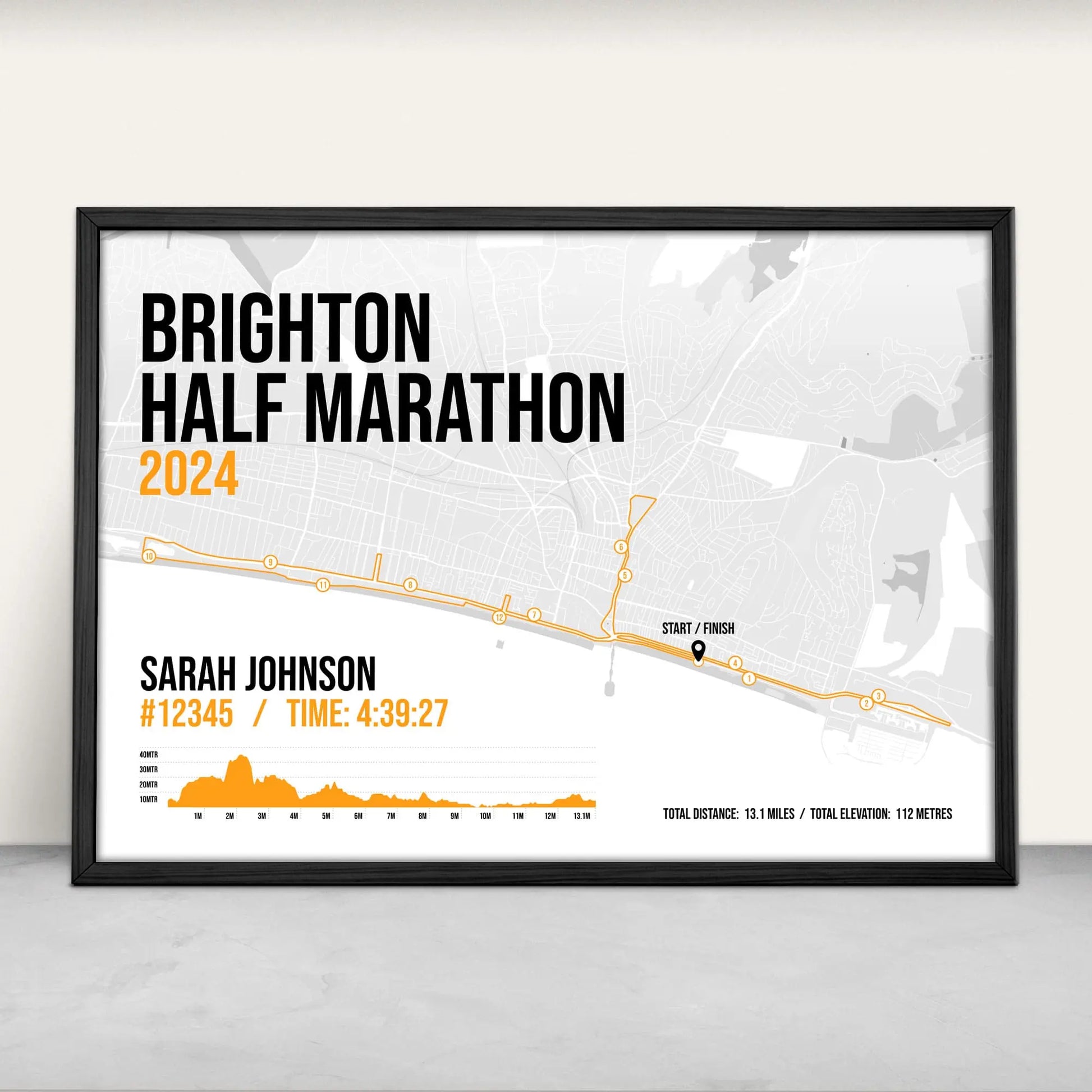 Brighton Half Marathon Personalised Art Print in orange from Purest Green Prints.