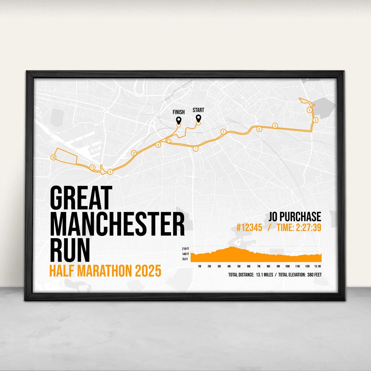 Personalised Great Manchester Run Half Marathon Art Print in orange from Purest Green Prints.