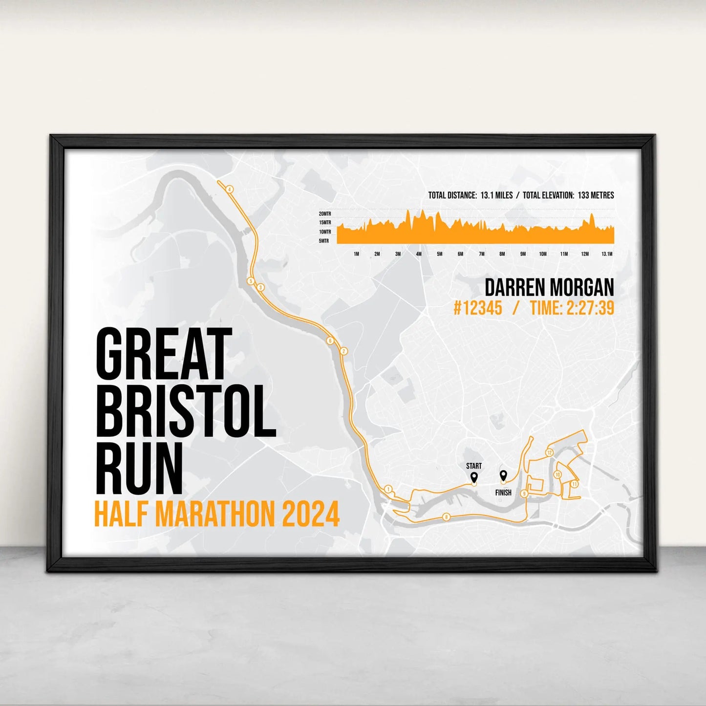 Personalised Great Bristol Run Half Marathon route map and elevation art print in orange from Purest Green Prints