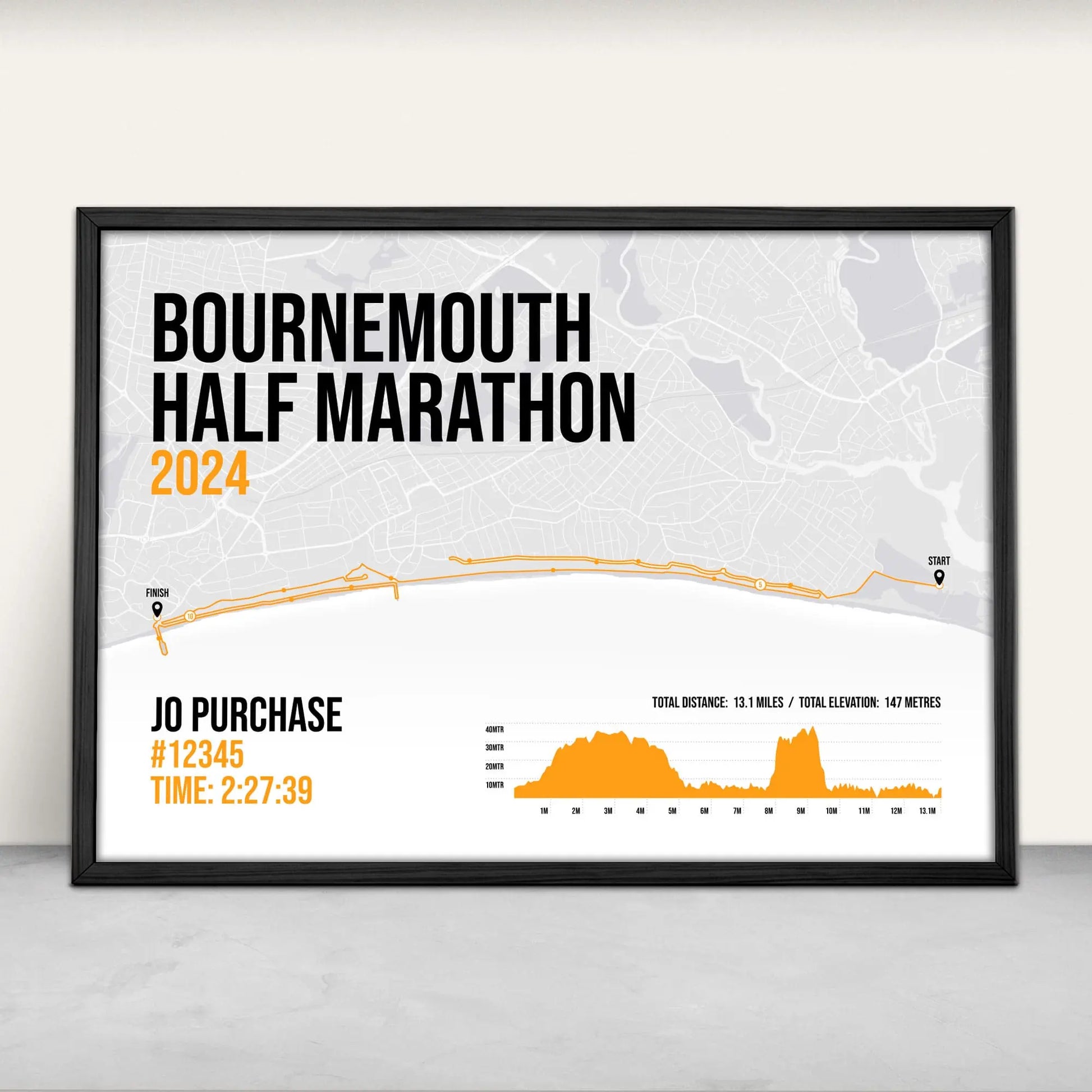 Personalised Bournemouth Half Marathon Art Print in orange from Purest Green Prints.