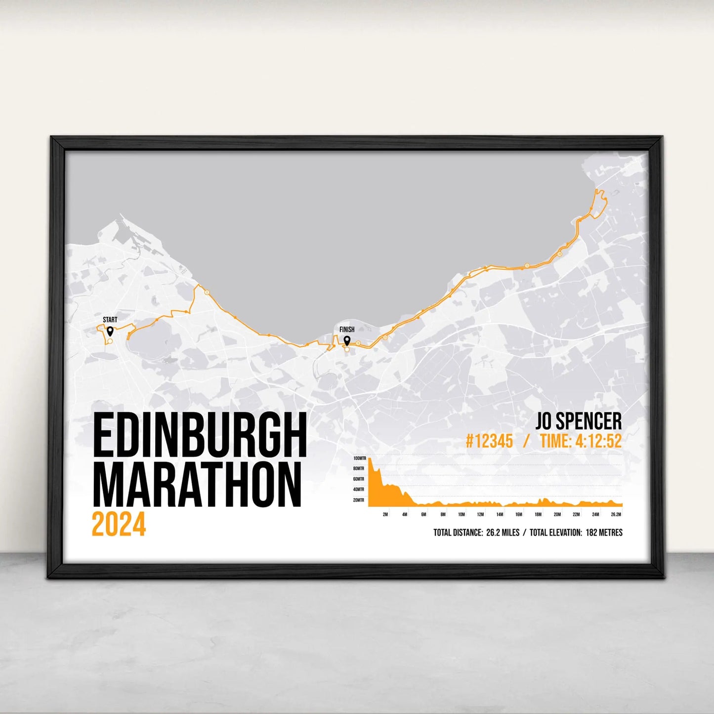 Personalised Edinburgh Marathon route map print in orange from Purest Green Prints