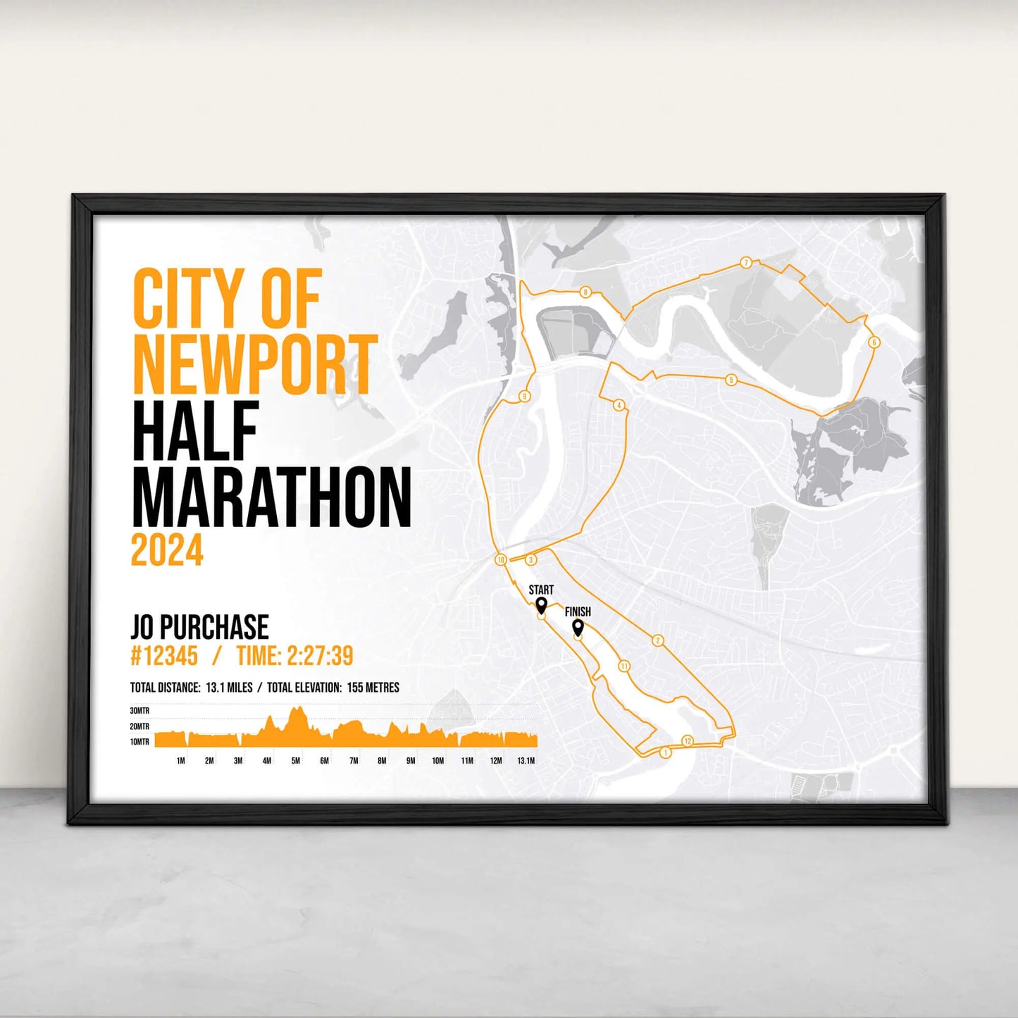 City of Newport Half Marathon Personalised Art Print in orange from Purest Green Prints.