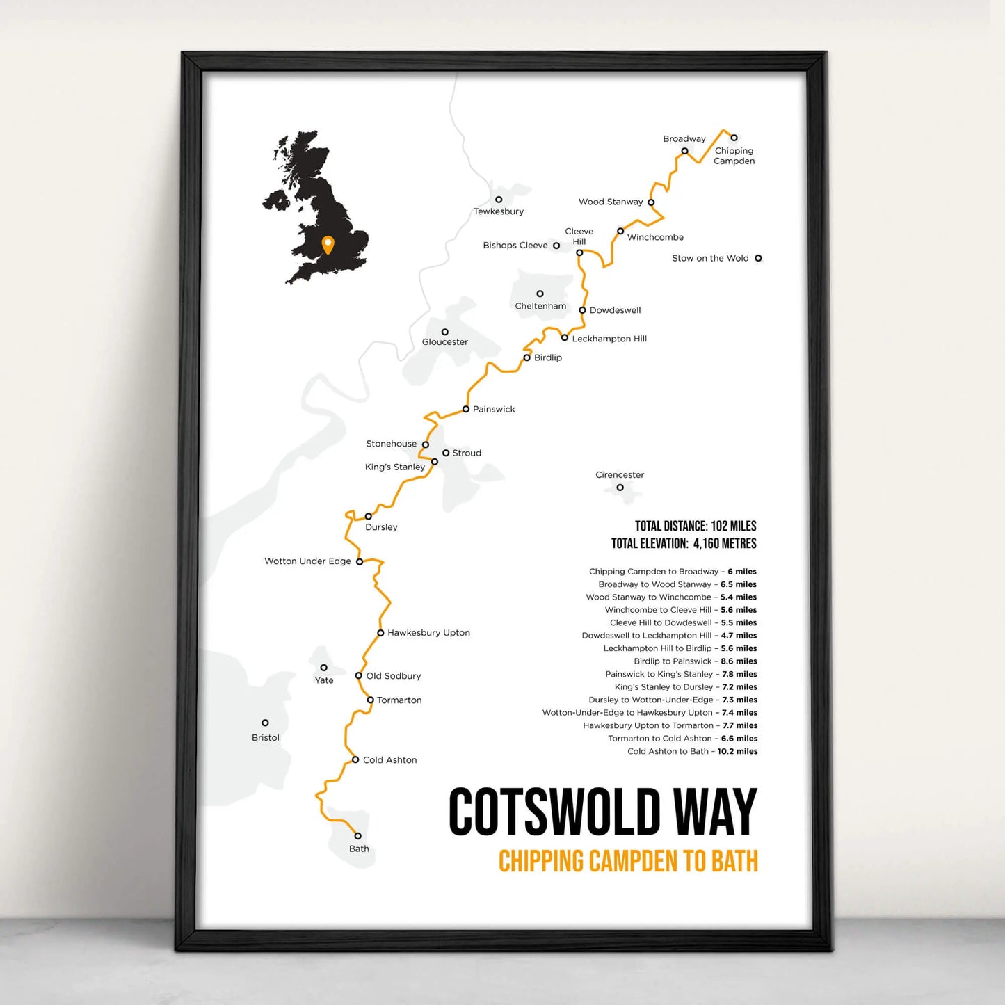 Cotswold Way National Trail Map Art Print in orange from Purest Green Prints