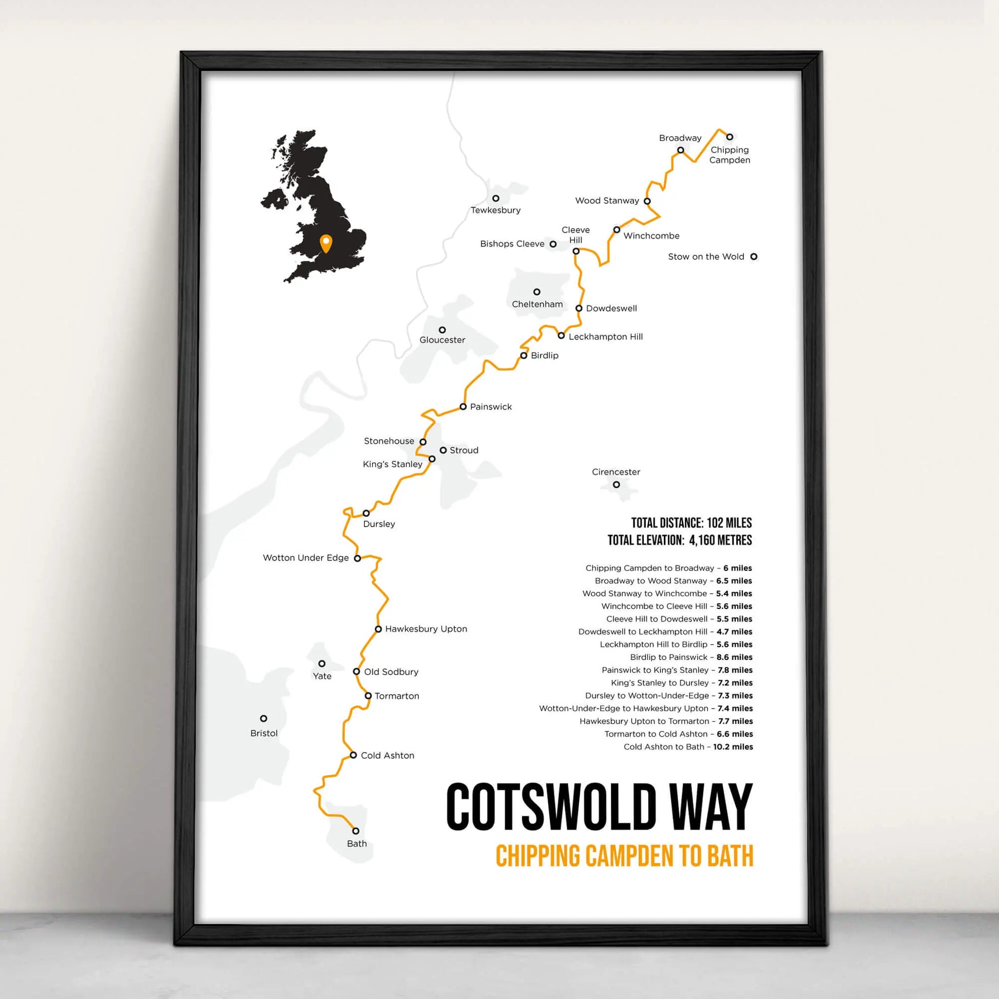 Cotswold Way National Trail Map Art Print in orange from Purest Green Prints