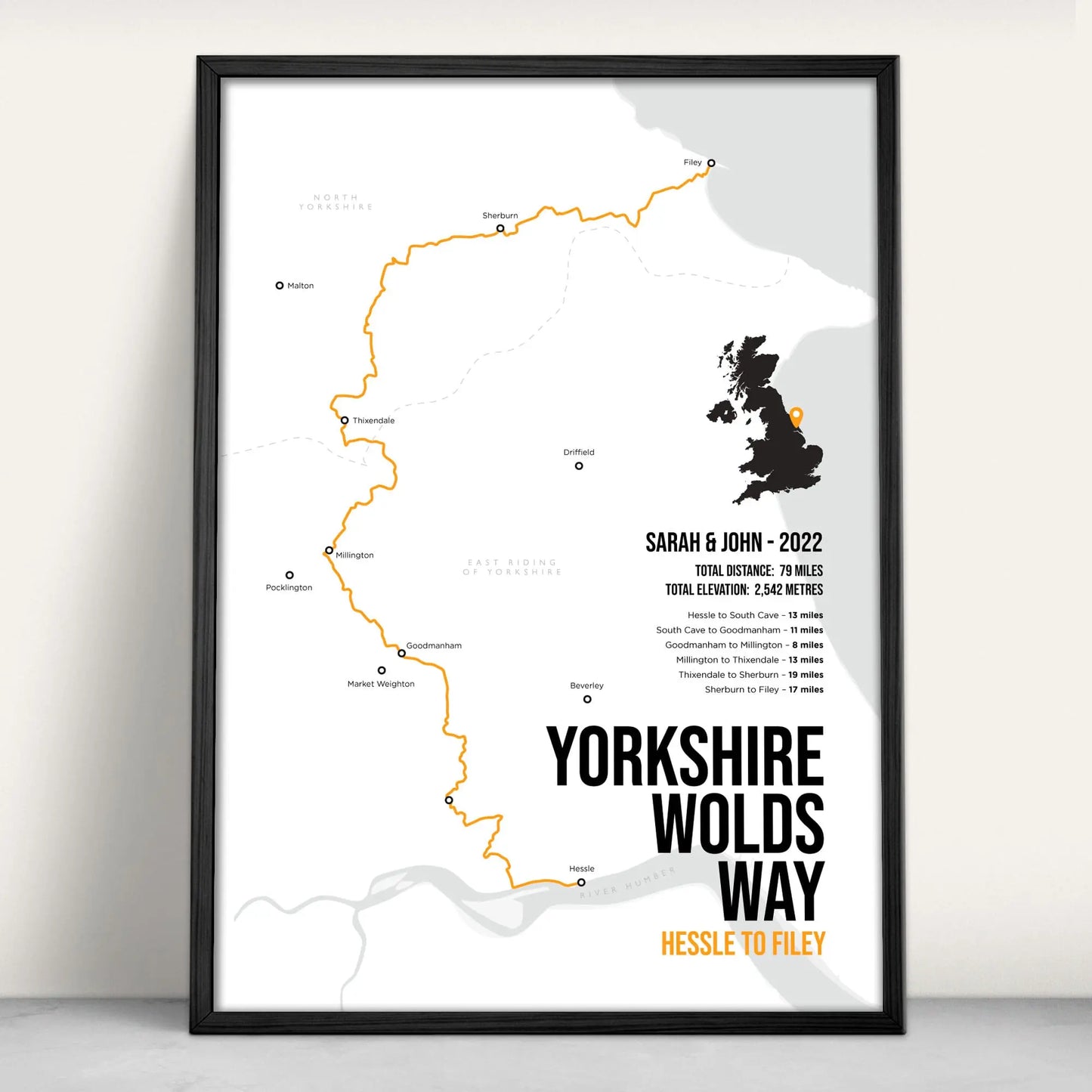 Yorkshire Wolds Way National Trail Map Art Print in orange from Purest Green Prints.