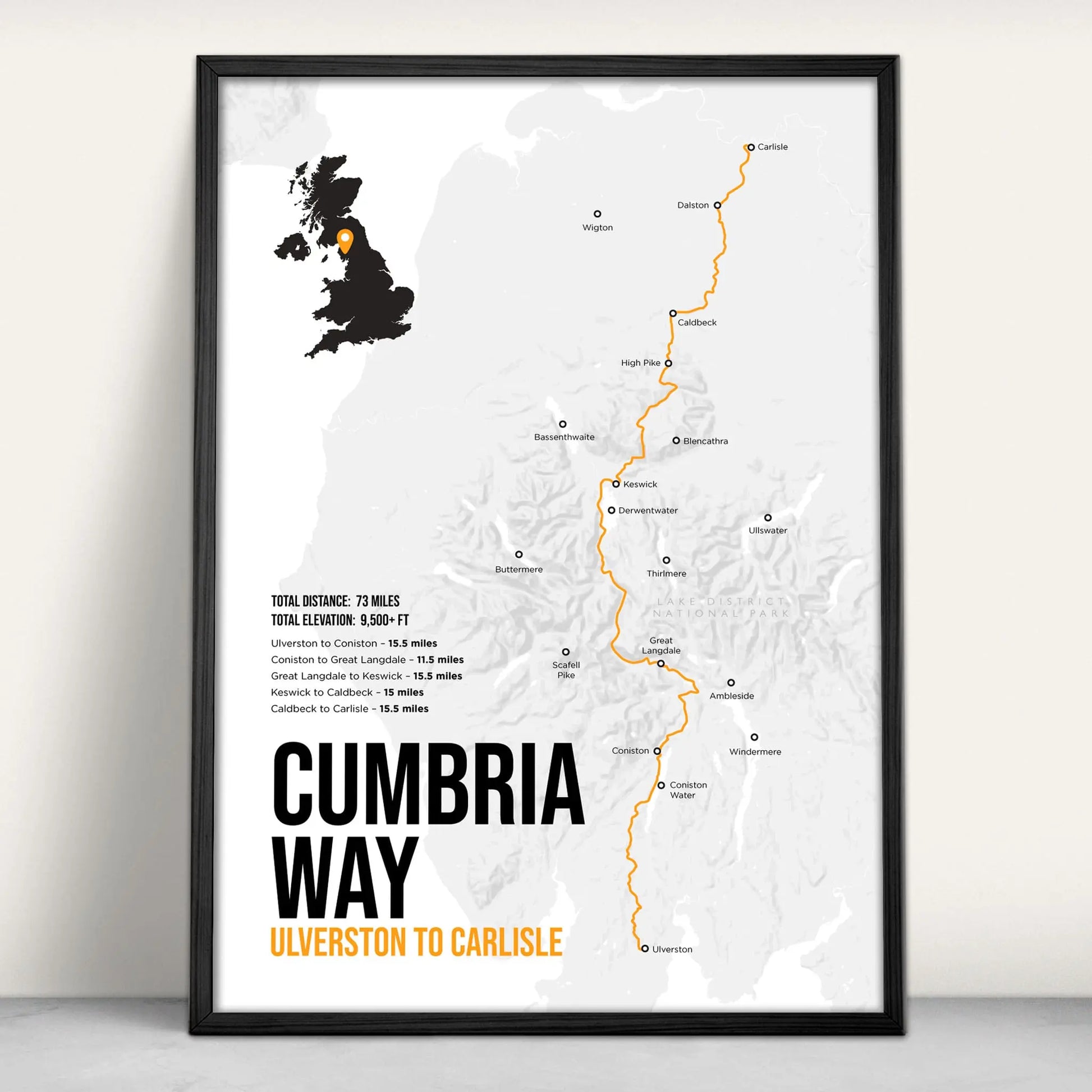 Personalised Cumbria Way Trail Map Art Print in orange from Purest Green Prints