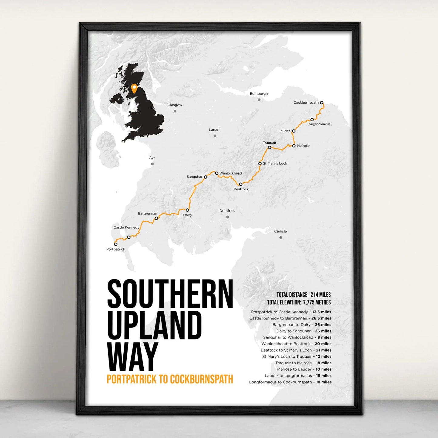 Southern Upland Way Scottish Trail Map Art Print in orange from Purest Green Prints.