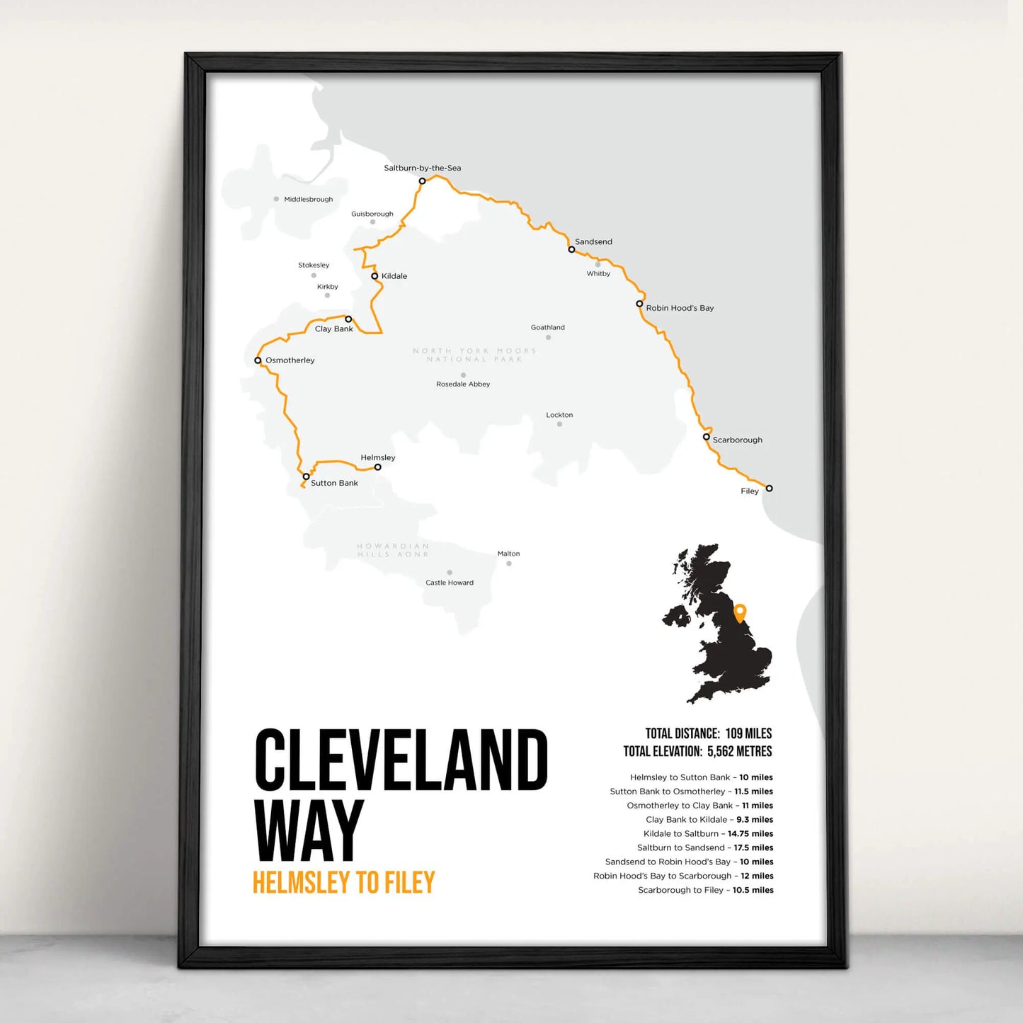 Cleveland Way National Trail Path Map Art Print in orange from Purest Green Prints