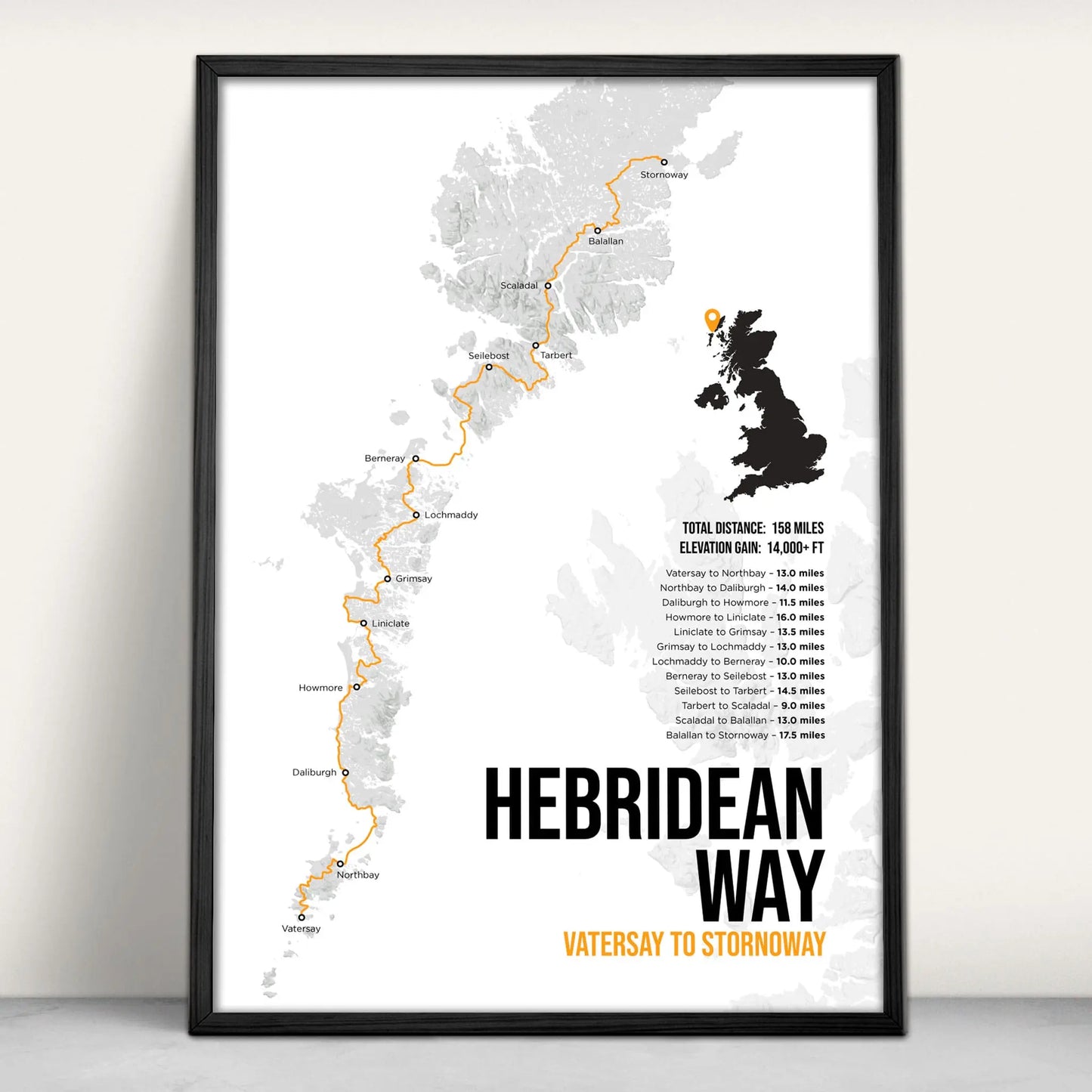 Personalised print of the Hebredian Way Scottish Trail Map Art Print in orange from Purest Green Prints.