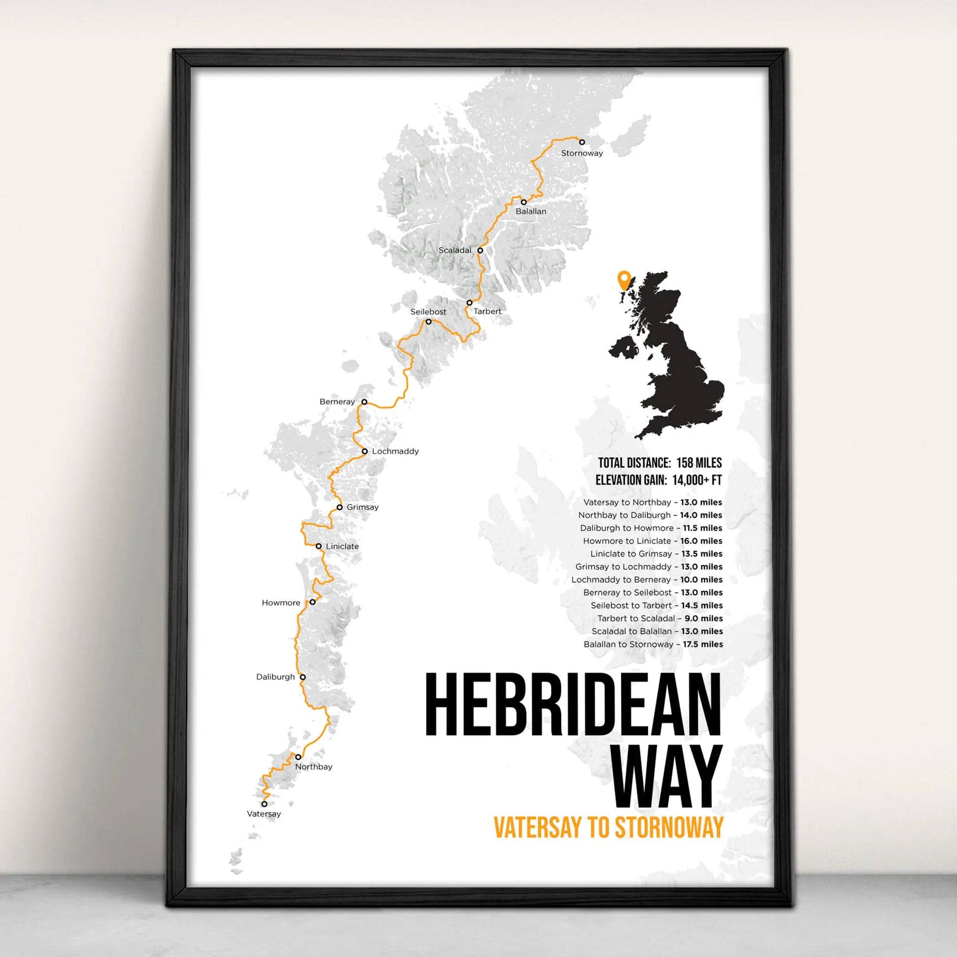 Personalised print of the Hebredian Way Scottish Trail Map Art Print in orange from Purest Green Prints.