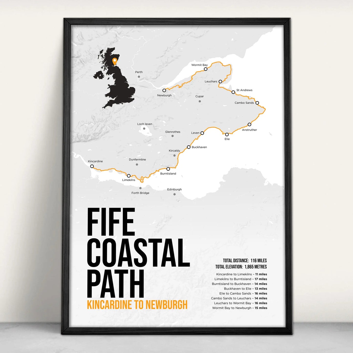 Fife Coastal Path Scottish Trail Map Art Print in orange from Purest Green Prints.