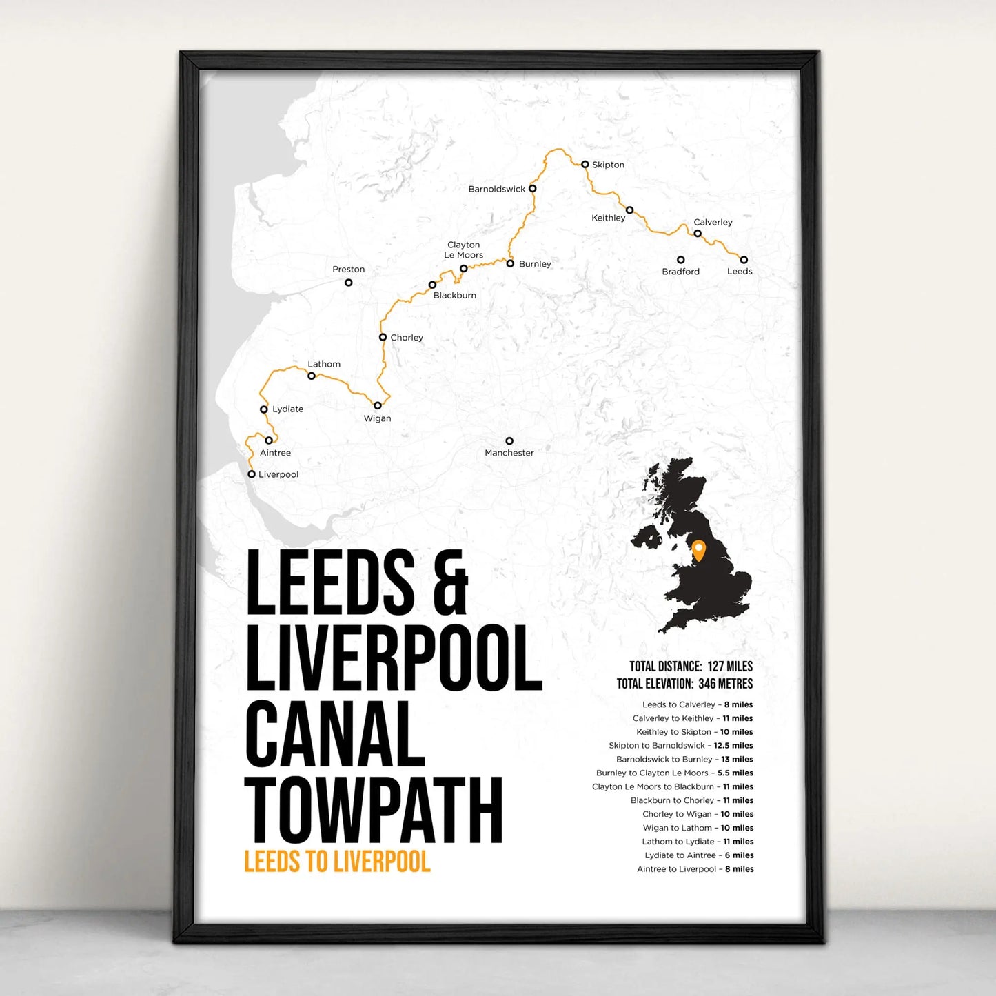 Leeds and Liverpool Canal Towpath Map Art Print in orange from Purest Green Prints