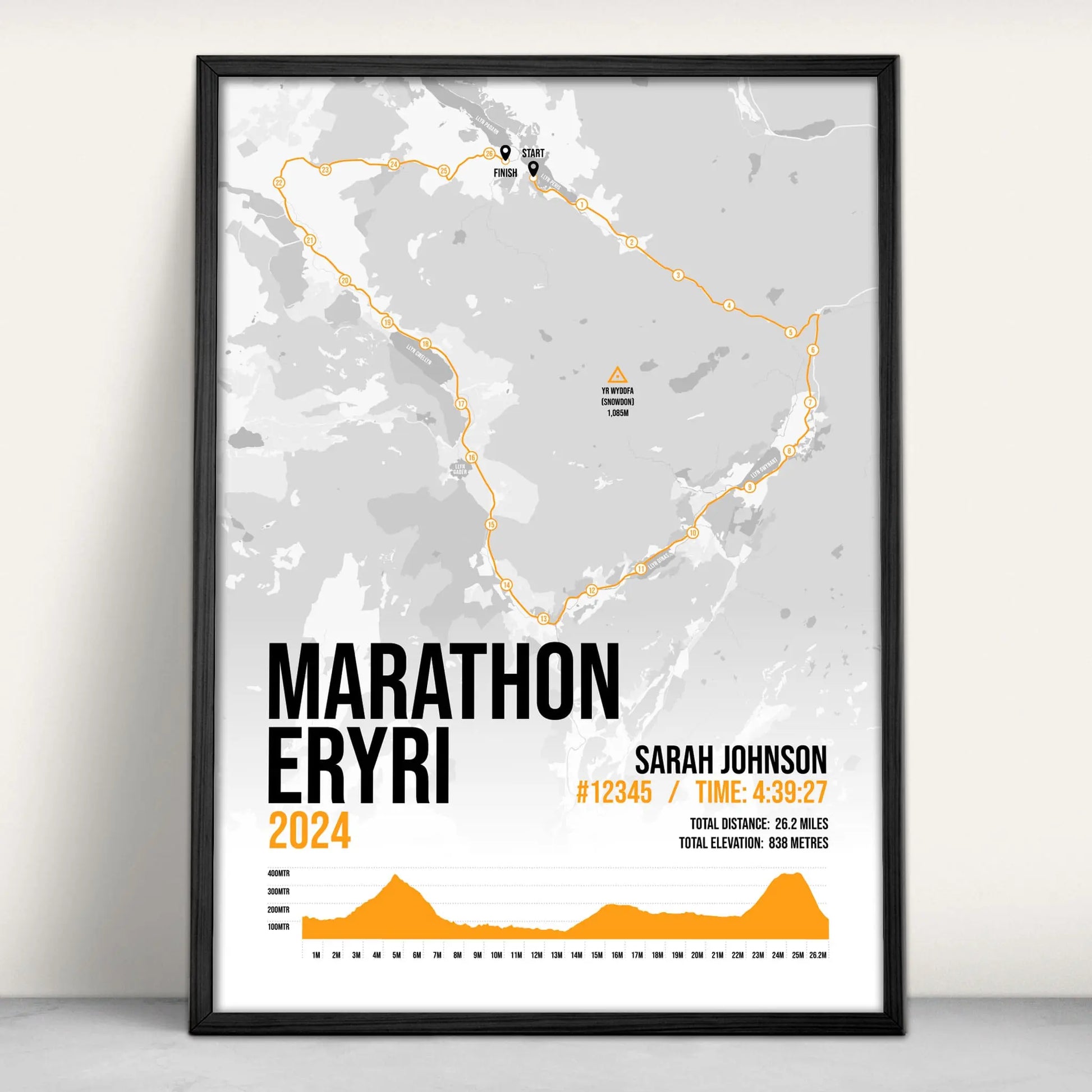 Personalised marathon Eryri Snowdonia Art Print in orange from Purest Green Prints