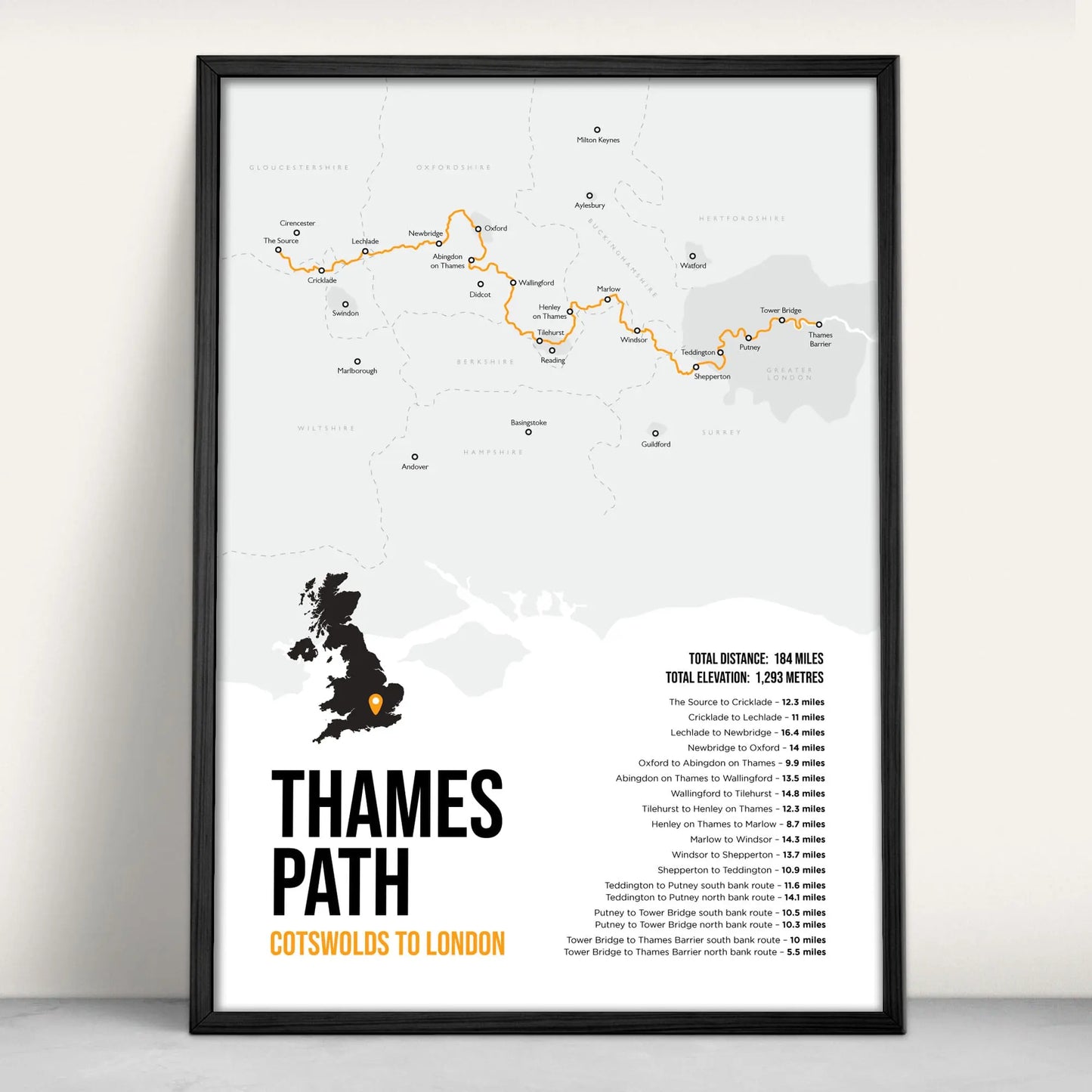 Personalised Thames Path National Trail Map Art Print in orange from Purest Green Prints