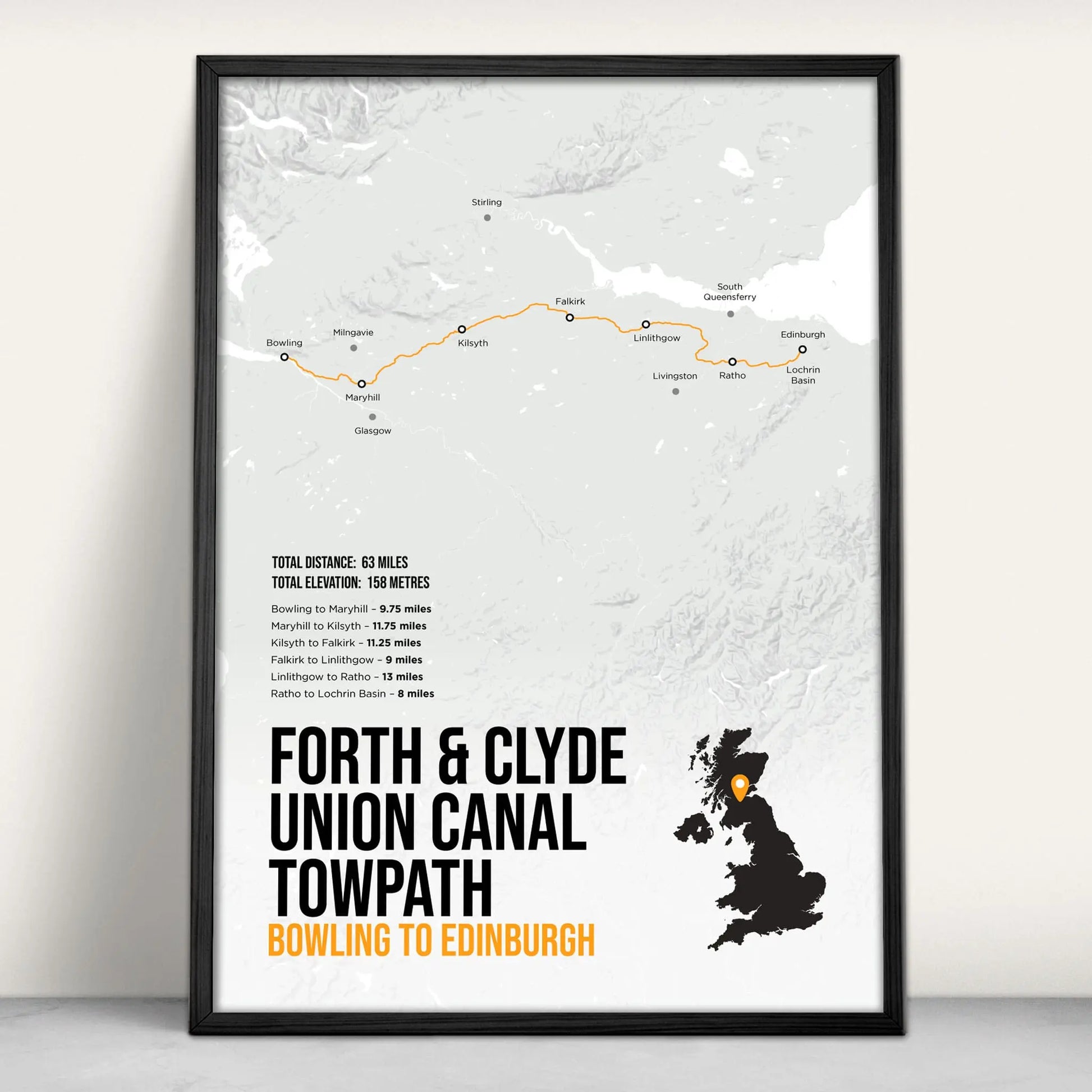 Forth and Clyde Union Canal Towpath Scottish Trail Map Art Print in orange from Purest Green Prints.