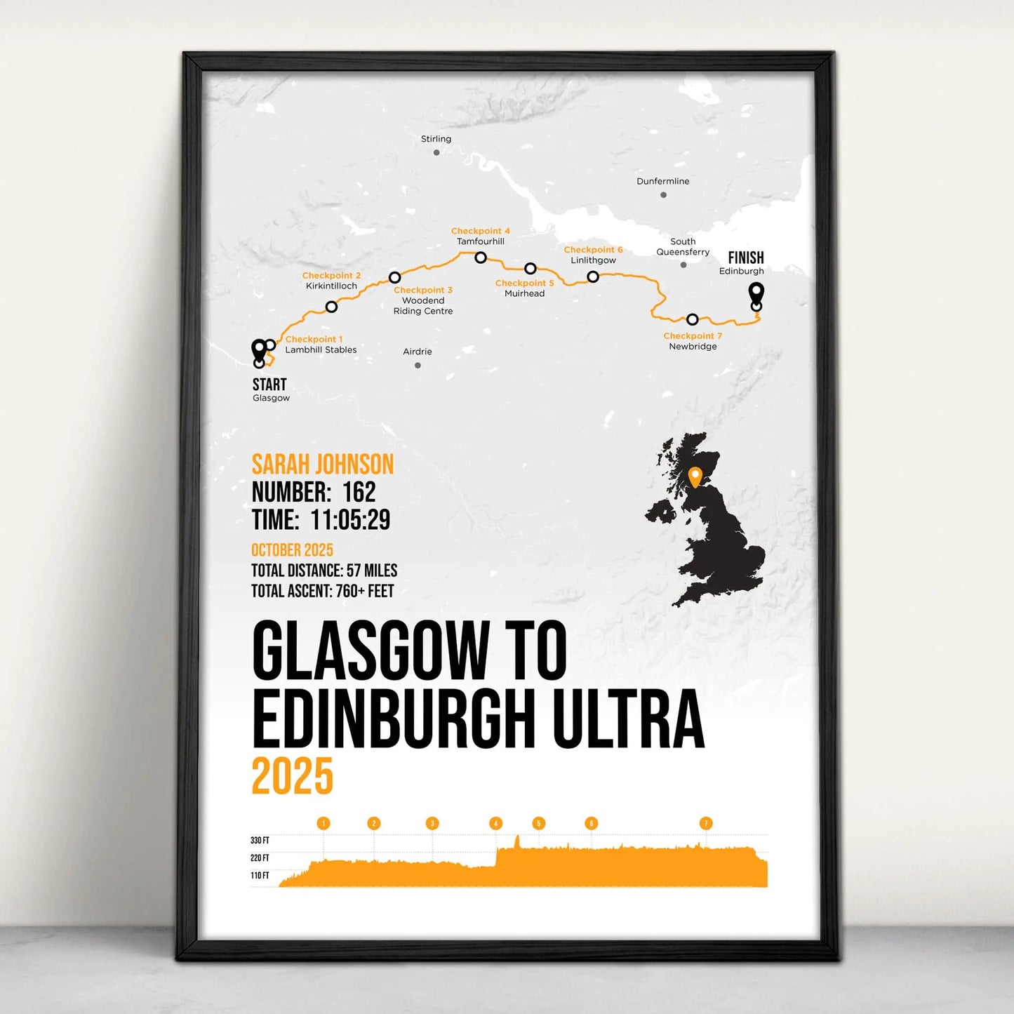 Personalised Glasgow to Edinburgh Ultra Art Print in orange from Purest Green Prints