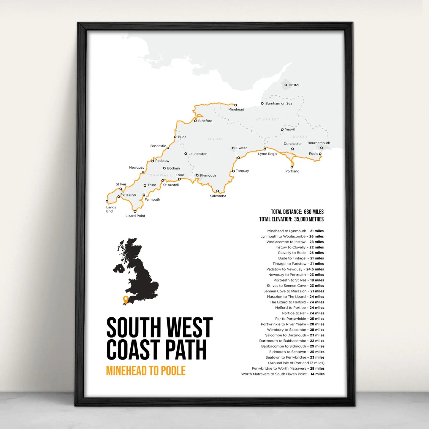 South West Coast Path National Trail Map Art Print in orange from Purest Green Prints