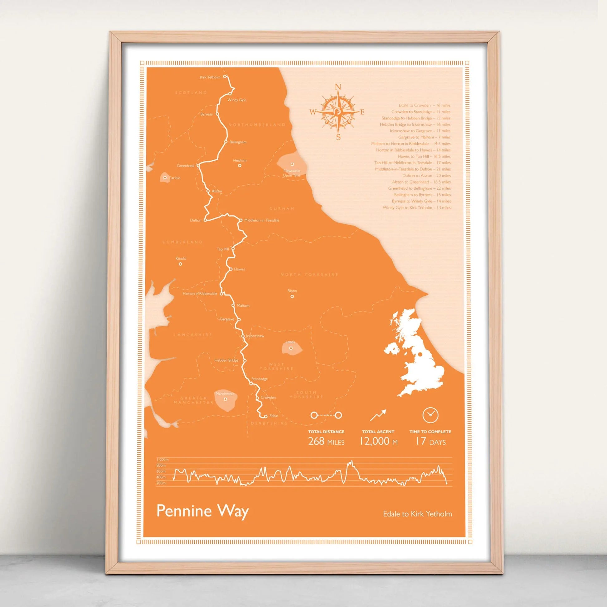 Pennine Way National Trail Personalised Map Art Print in orange from Purest Green Prints