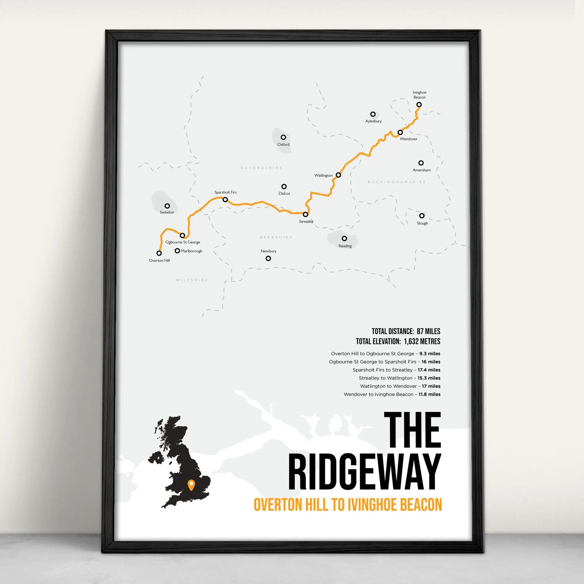 Ridgeway National Trail Path Map Art Print in orange from Purest Green Prints