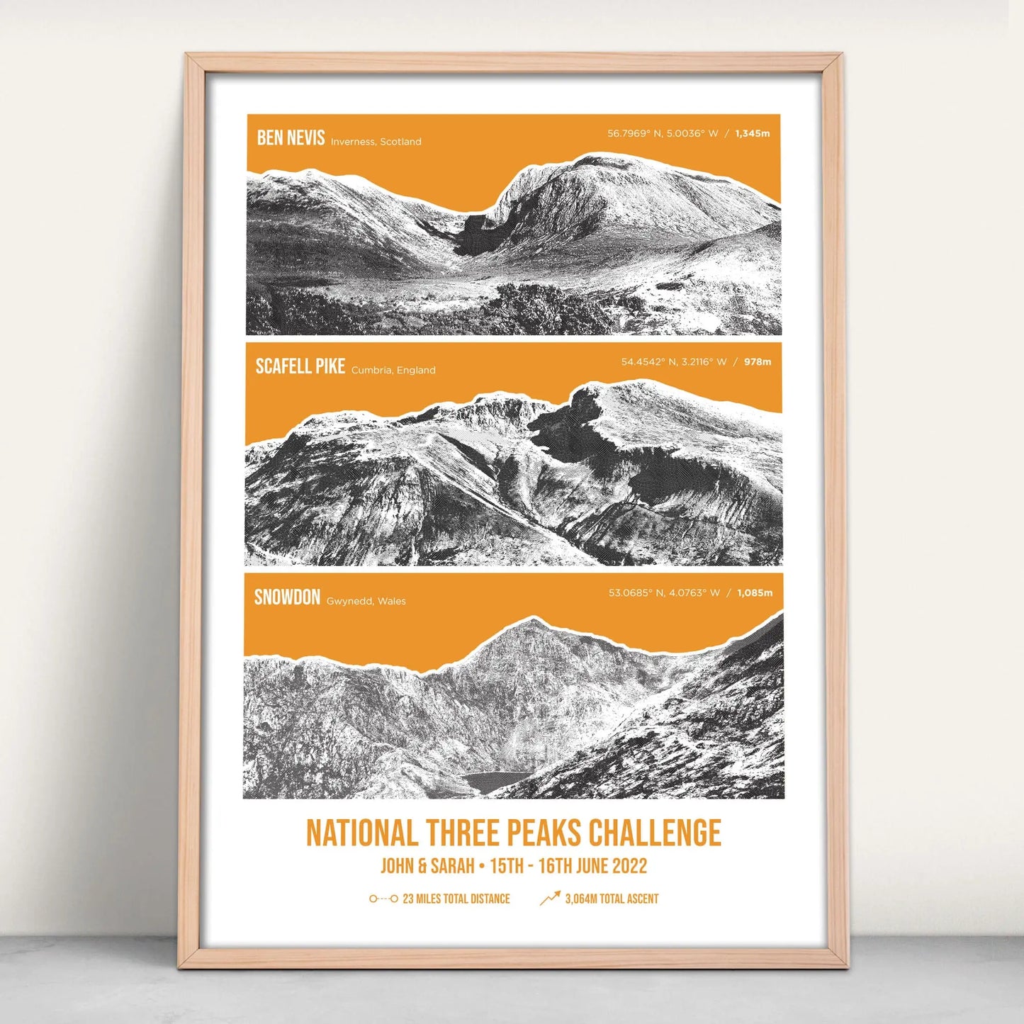 UK Three Peaks Challenge Personalised Art Print in orange from Purest Green Prints