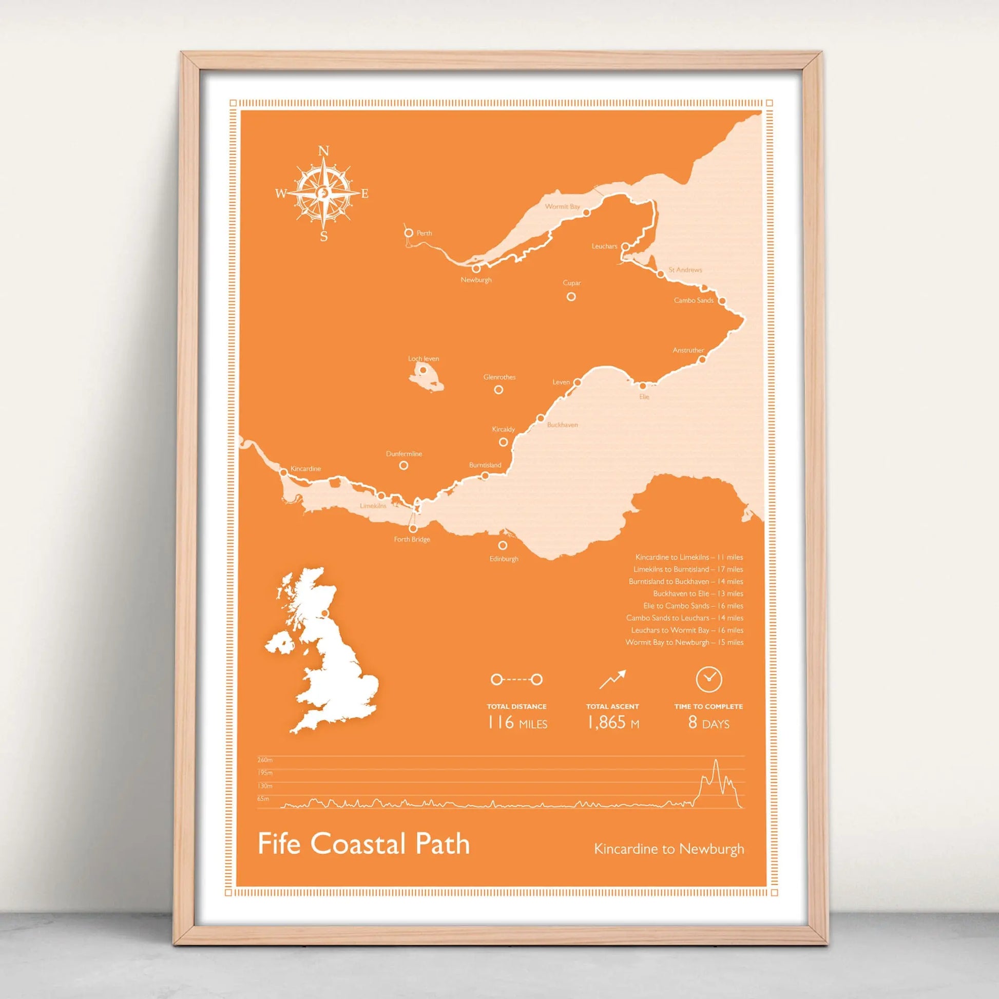 Fife Coastal Path Scotlands Great Trail Personalised Map Art Print in orange from Purest Green Prints