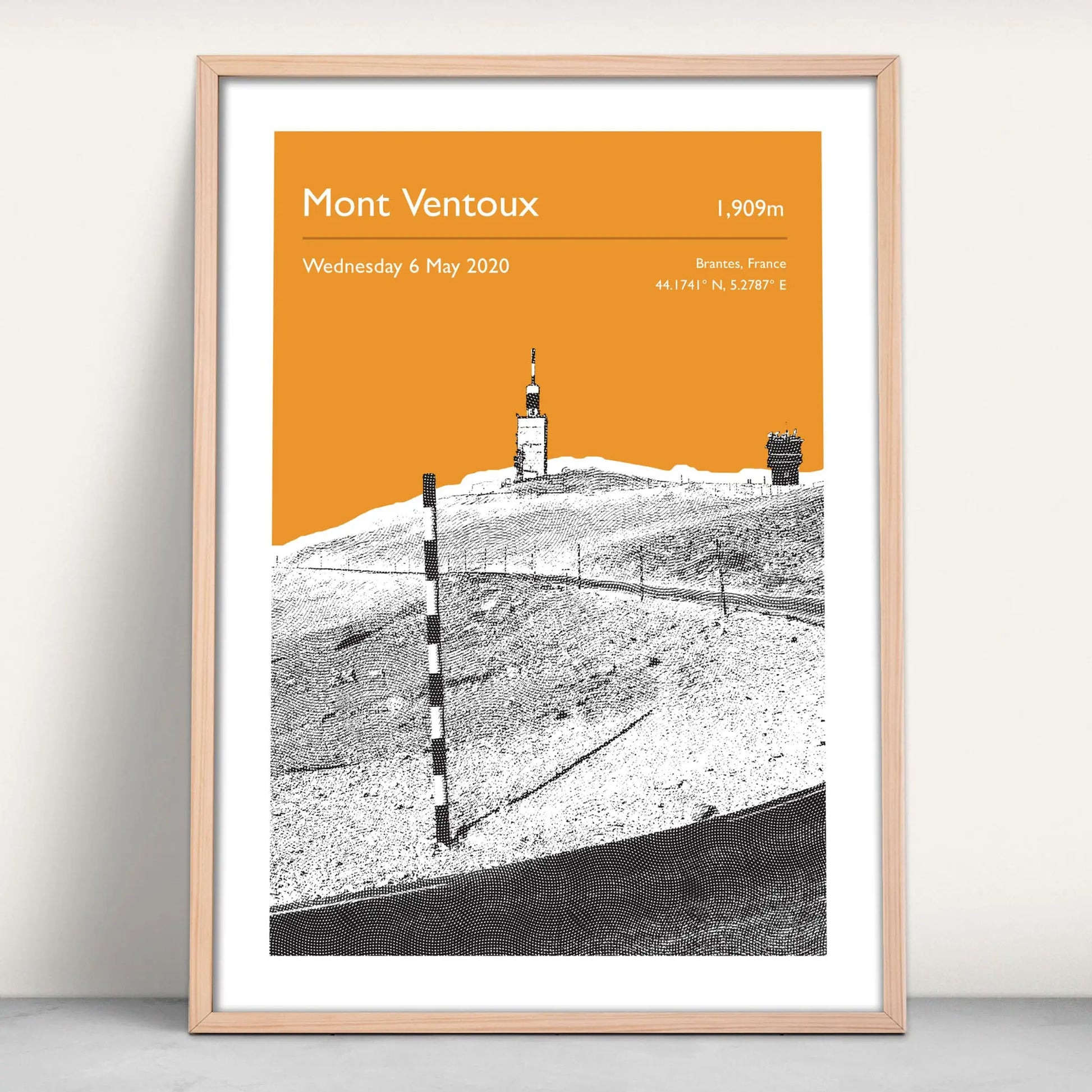 Mont Ventoux, France Personalised Cycling Art Print in orange from Purest Green Prints