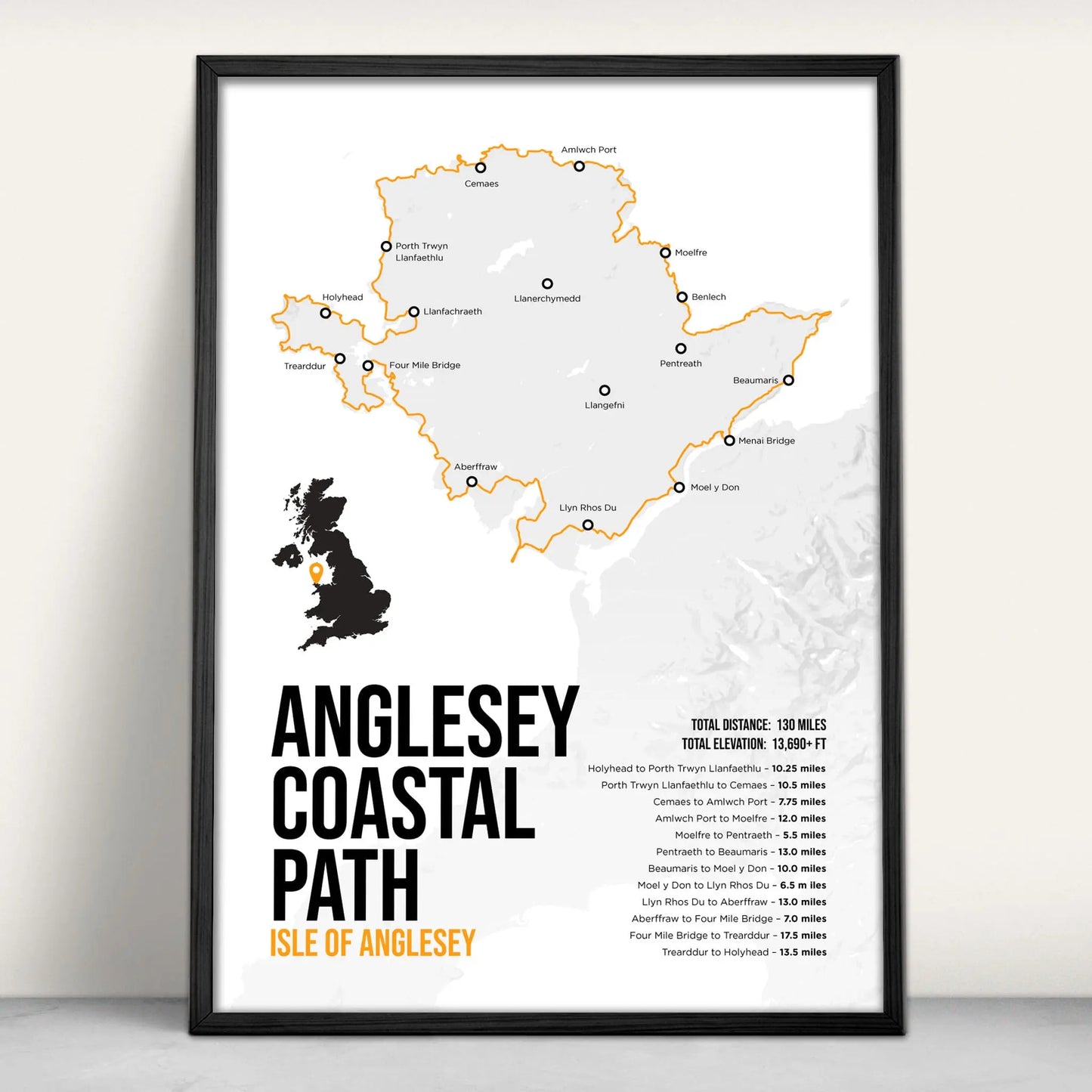 Print of the Anglesey Coastal Path Map Art Print in orange  from Purest Green Prints.