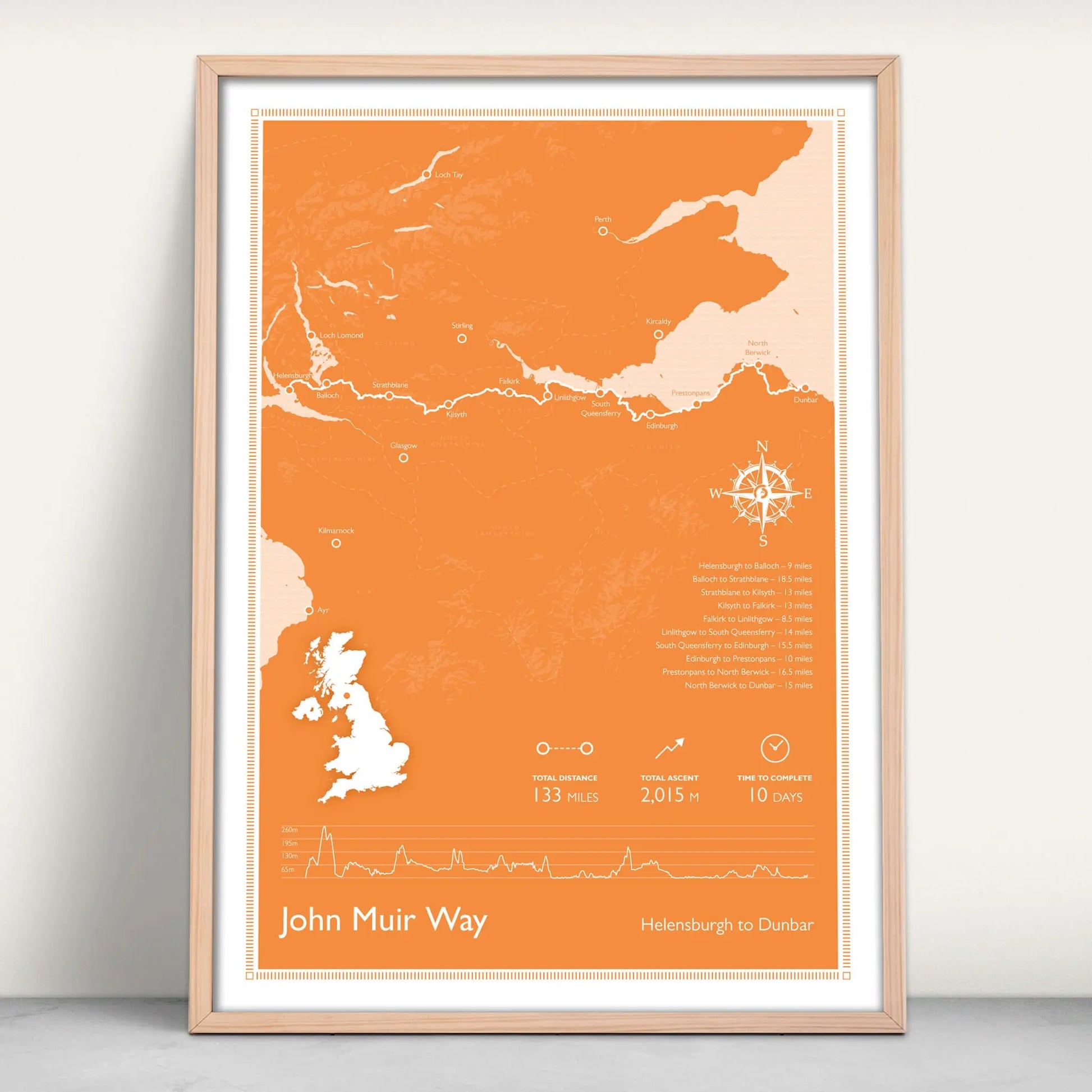 John Muir Way Scotlands Great Trail Personalised Map Art Print in orange from Purest Green Prints