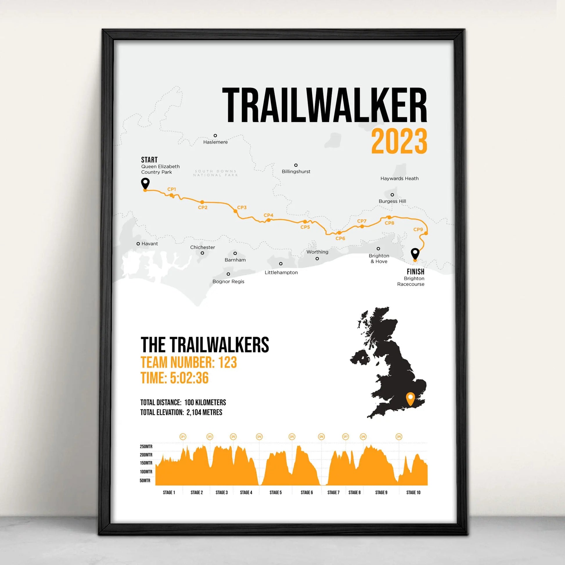 Personalised Trailwalker Art Print in orange from Purest Green Prints