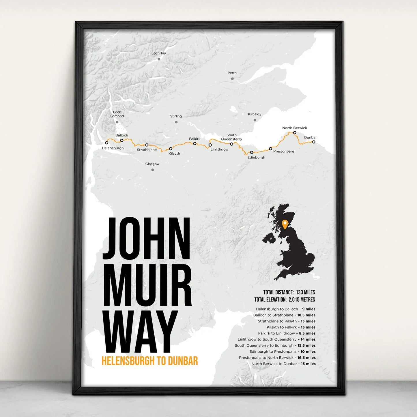 John Muir Way Scottish Trail Map Art Print in orange from Purest Green Prints.