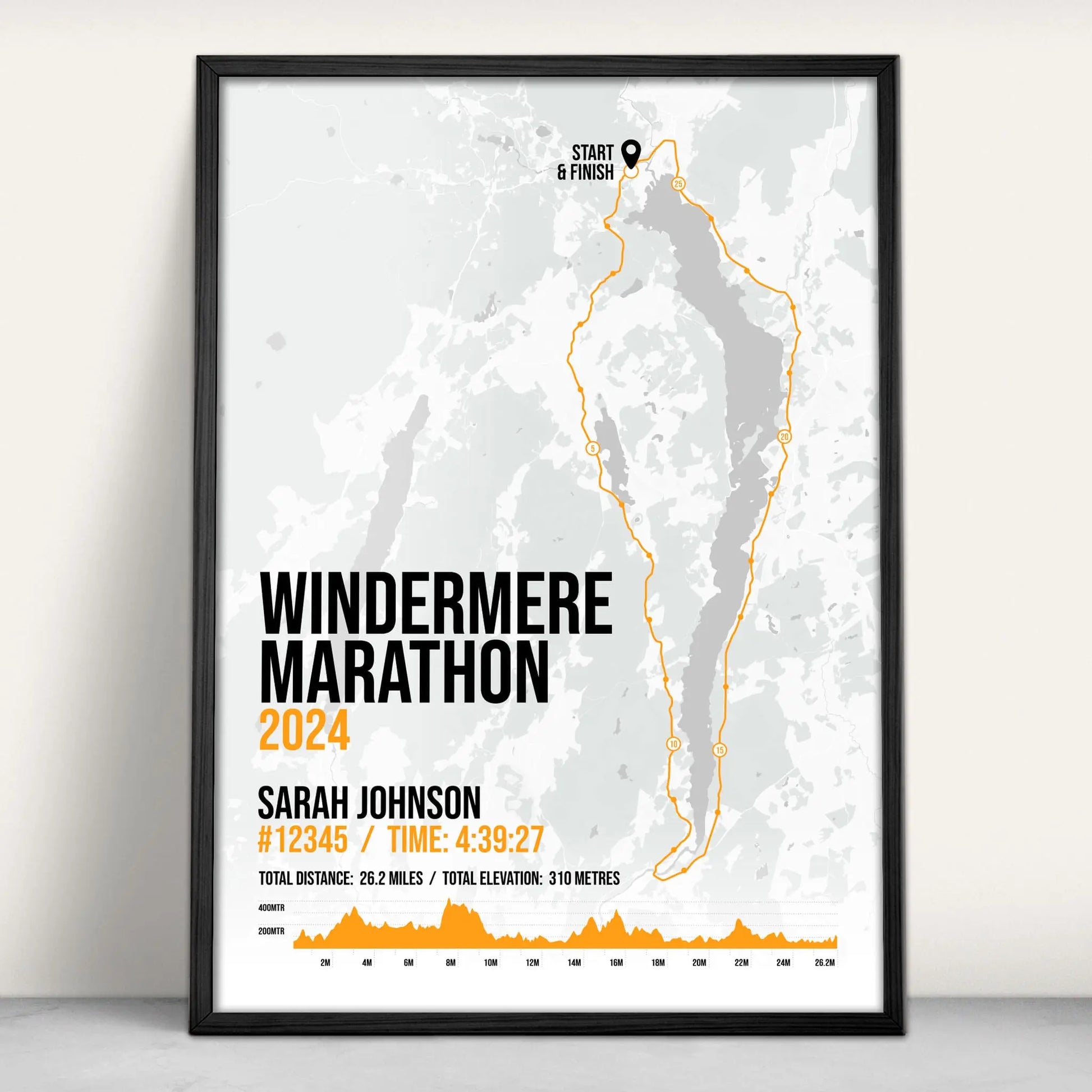 Lake Windermere Marathon Personalised Art Print in orange from Purest Green Prints