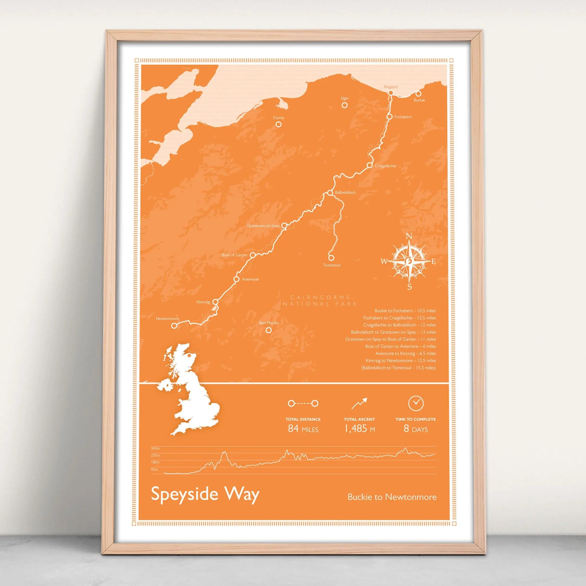 Speyside Way Scotlands Great Trail Personalised Map Art Print in orange from Purest Green Prints