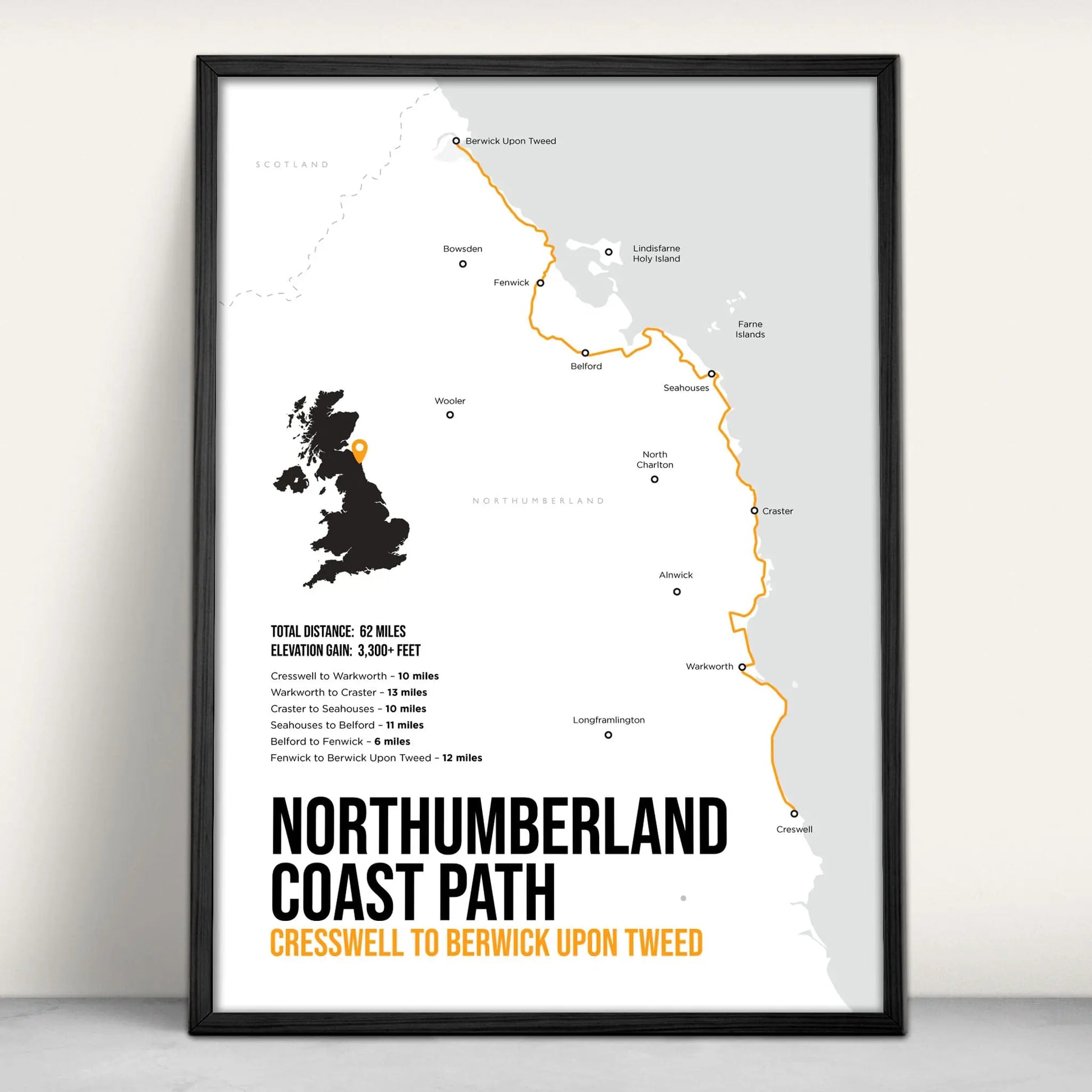 Northumberland Coast Path Map Art Print in orange from Purest Green Prints