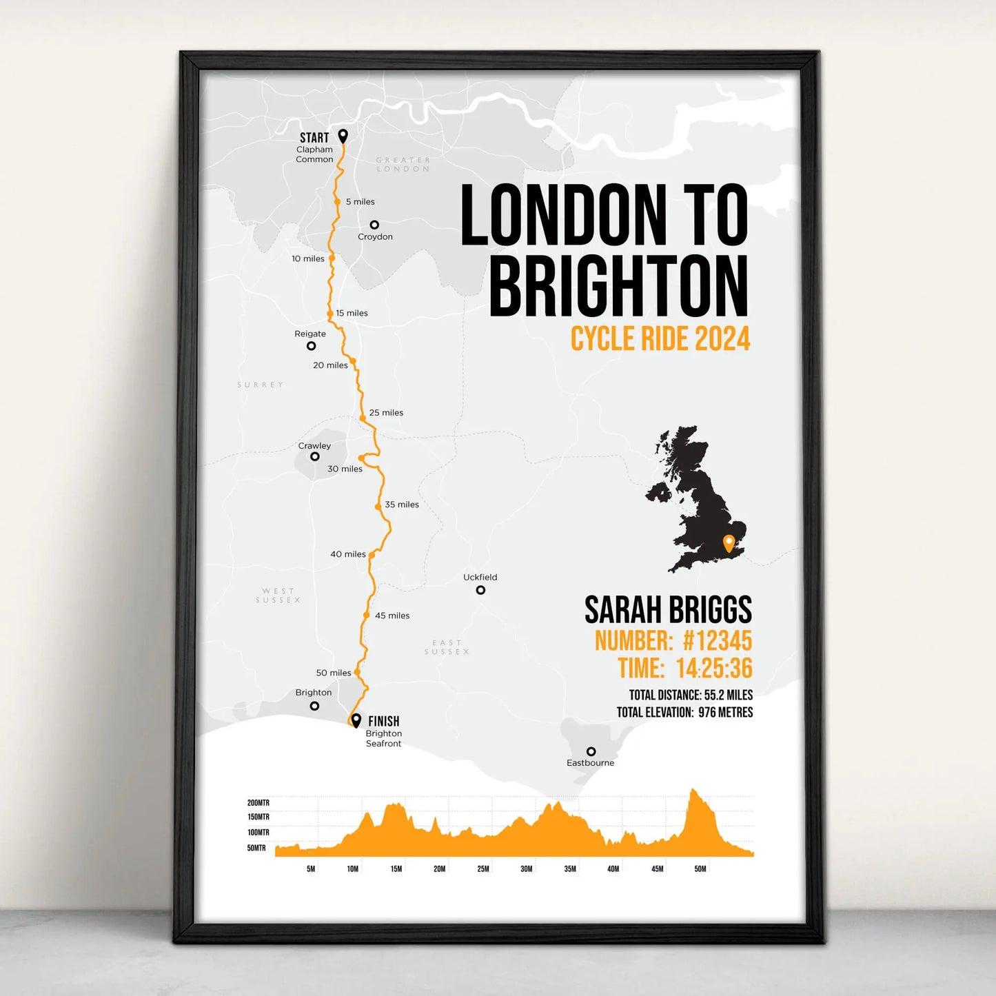 Personalised London to Brighton Cycle Art Print in orange from Purest Green Prints