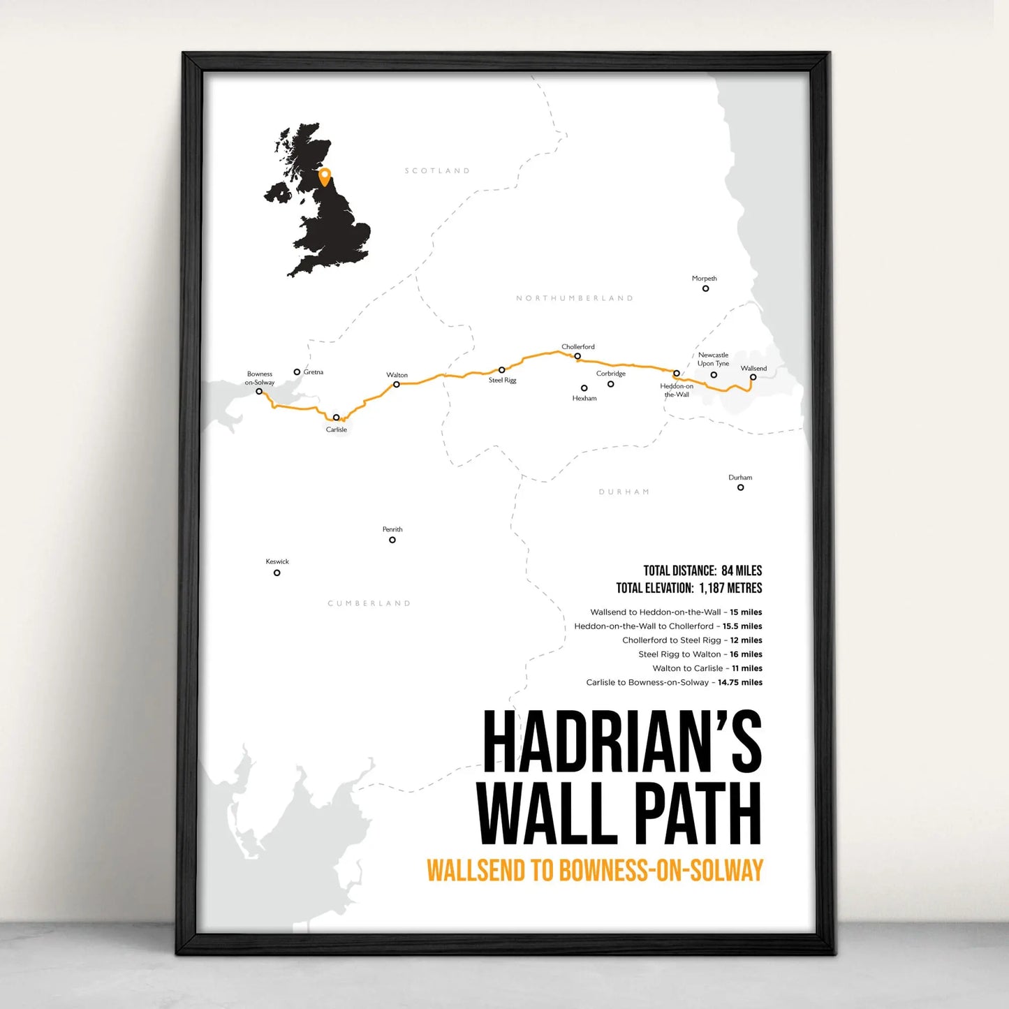 Hadrian's Wall Path National trail Print in orange from Purest Green Prints.