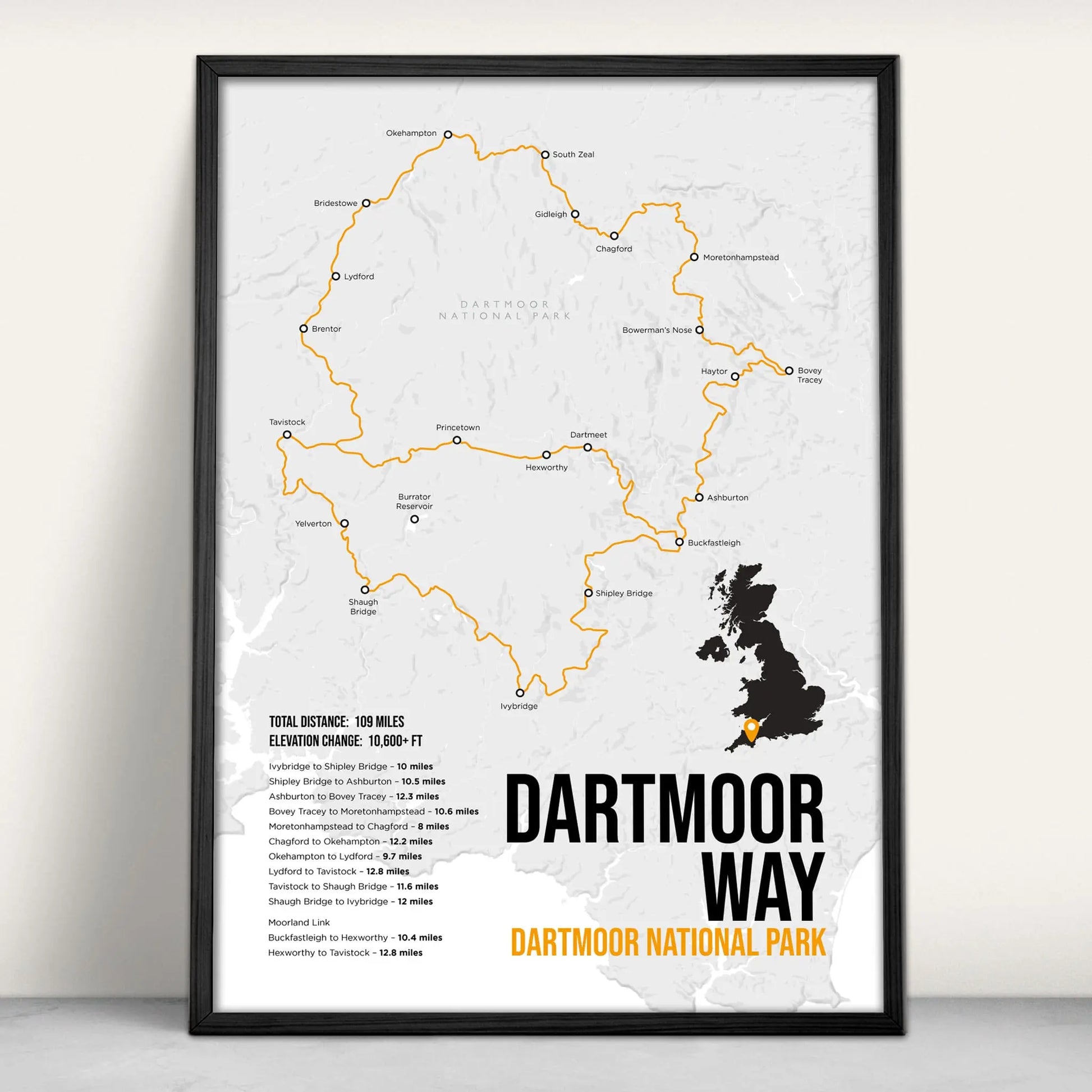 Personalised Dartmoor Way Trail Map Art Print in orange from Purest Green Prints