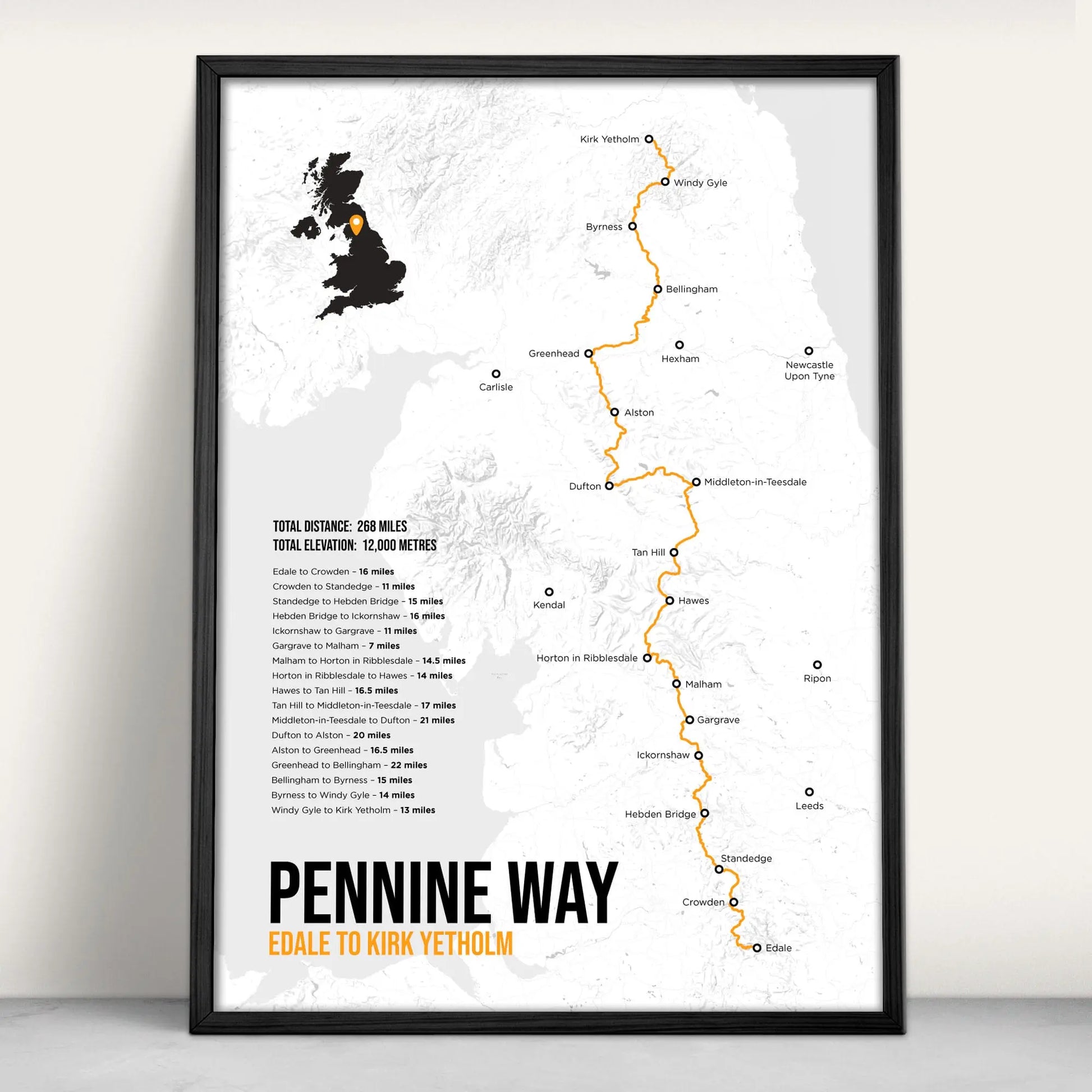 Pennine Way National Trail Map Art Print in Orange from Purest Green Prints