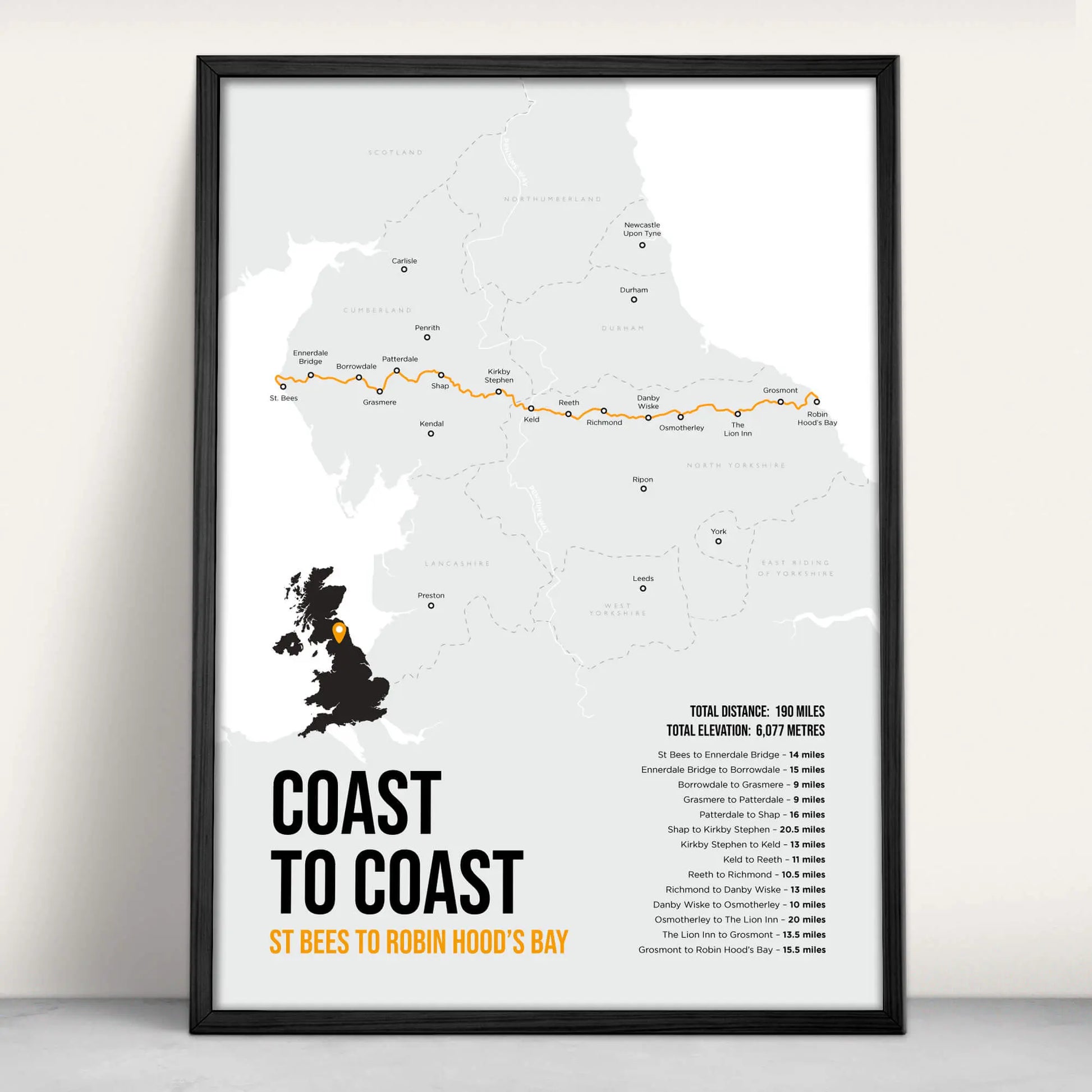 Coast to Coast National Trail Path Map Art Print in orange from Purest Green Prints