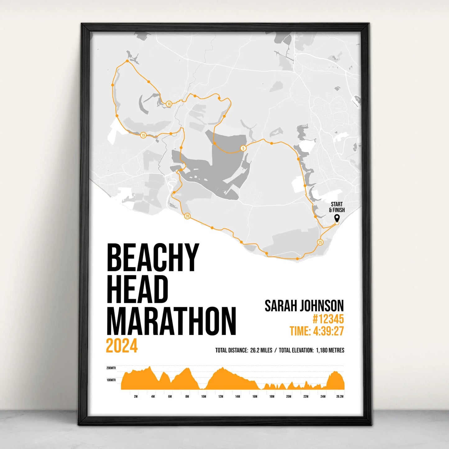 Personalised Beachy Head Marathon route map print in orange from Purest Green Prints.