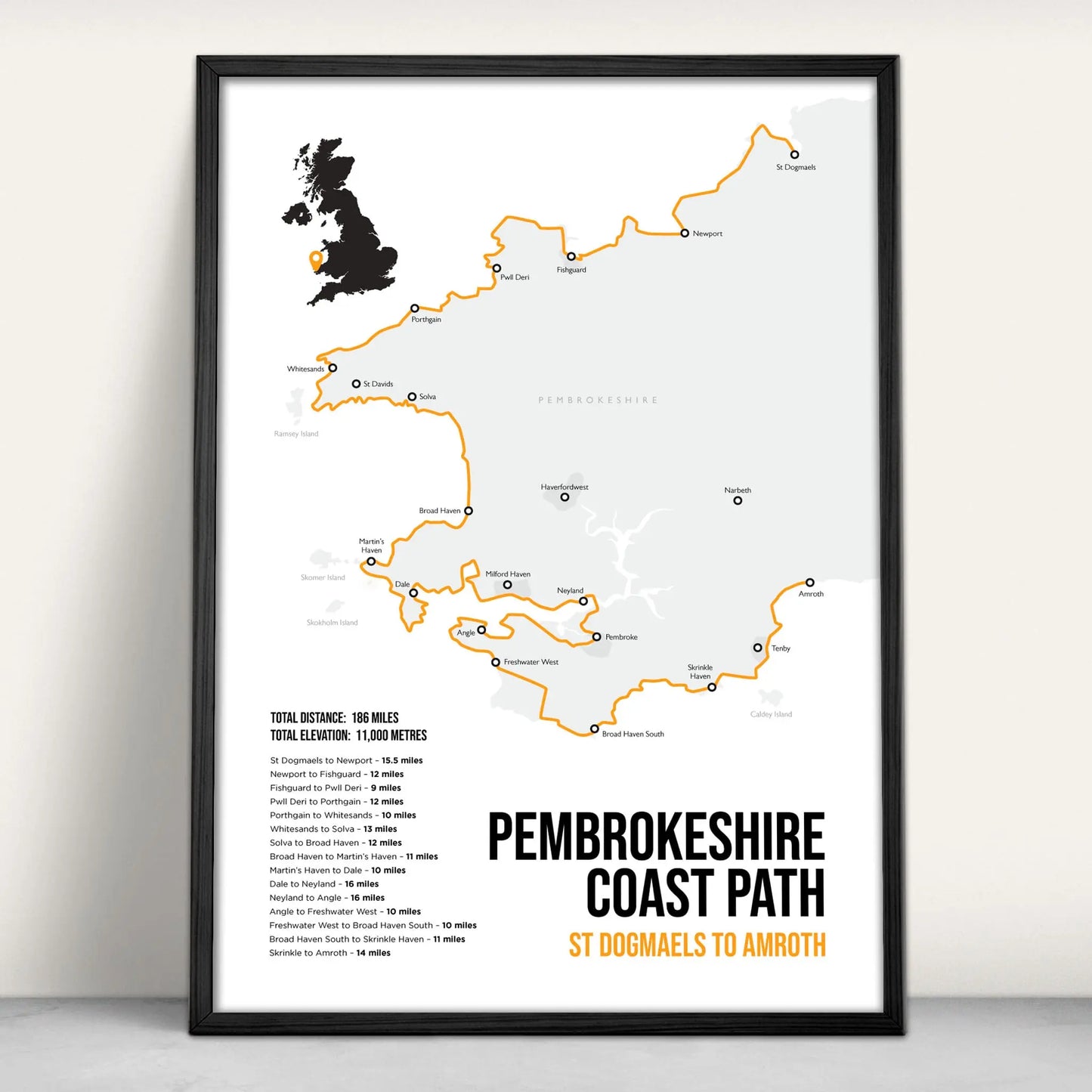 Pembrokeshire Coast Path National Trail Map Art Print in orange from Purest Green Prints