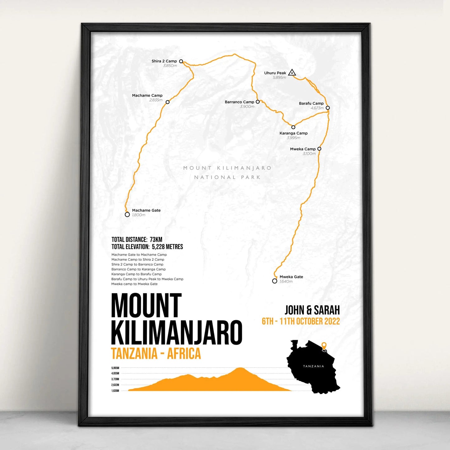 Personalised Mount Kilimanjaro art print in orange from Purest Green Prints.