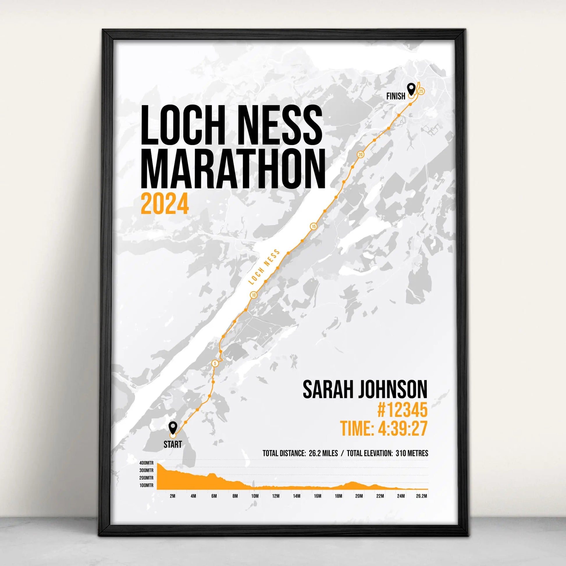 Personalised Loch Ness Marathon route map print in orange from Purest Green Prints.