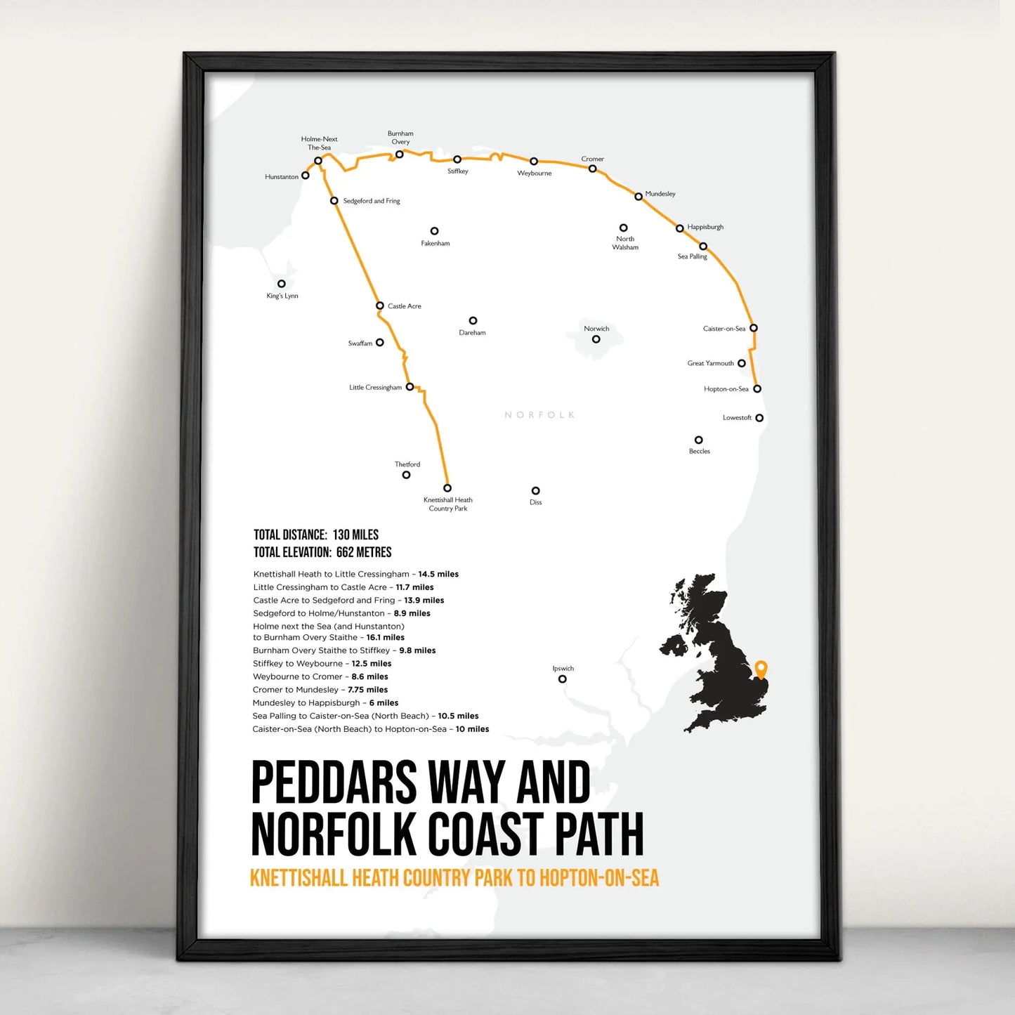 Peddars Way and Norfolk Coast Path Path National trail Print in orange from Purest Green Prints.