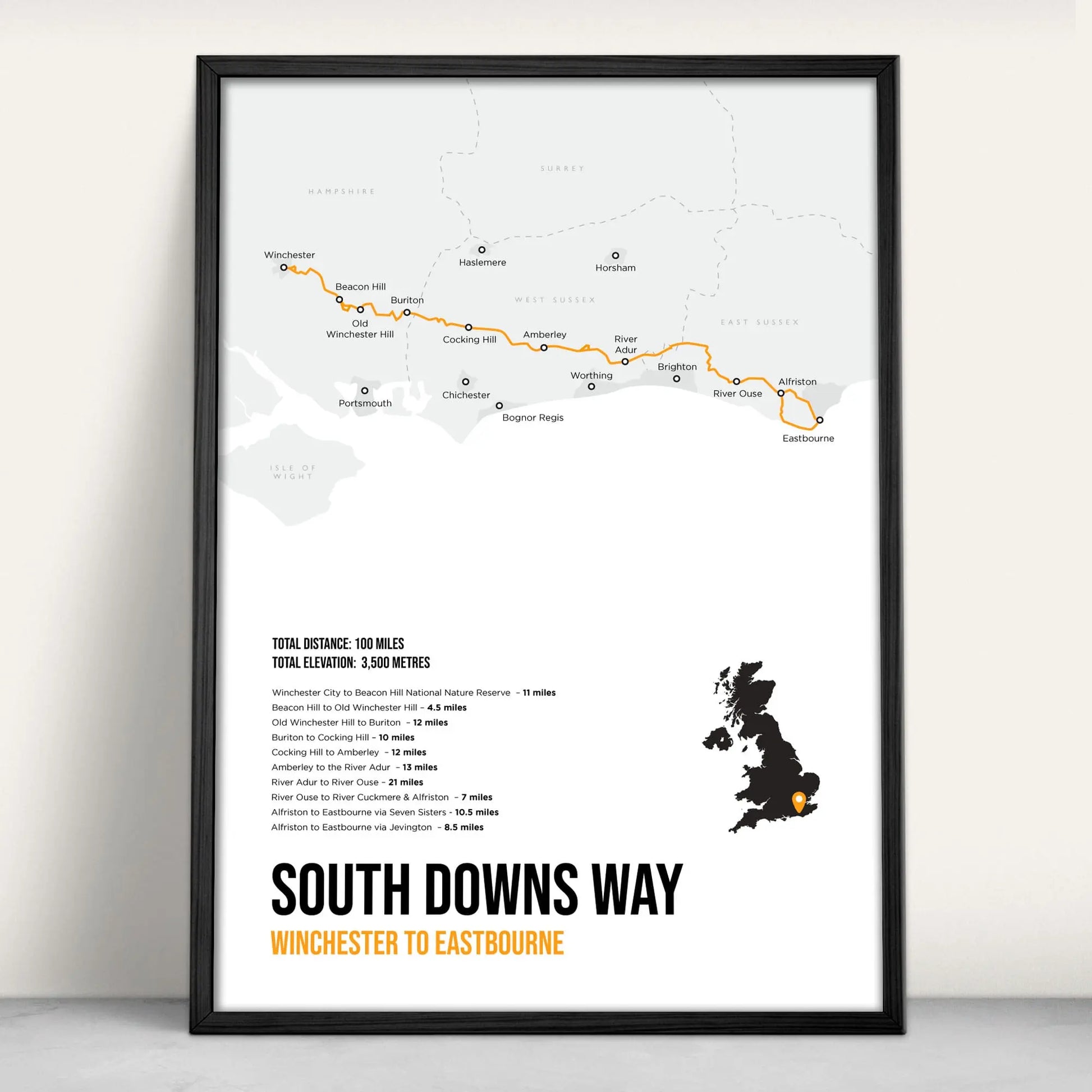 South Downs Way National Trail Map Art Print in orange from Purest Green Prints