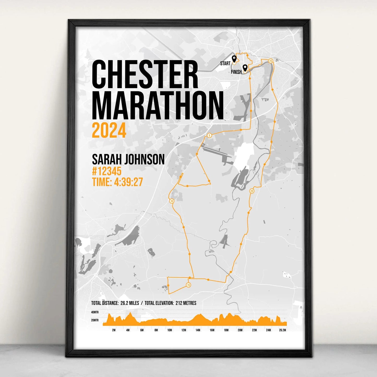 Personalised Chester Marathon route map print in orange from Purest Green Prints.