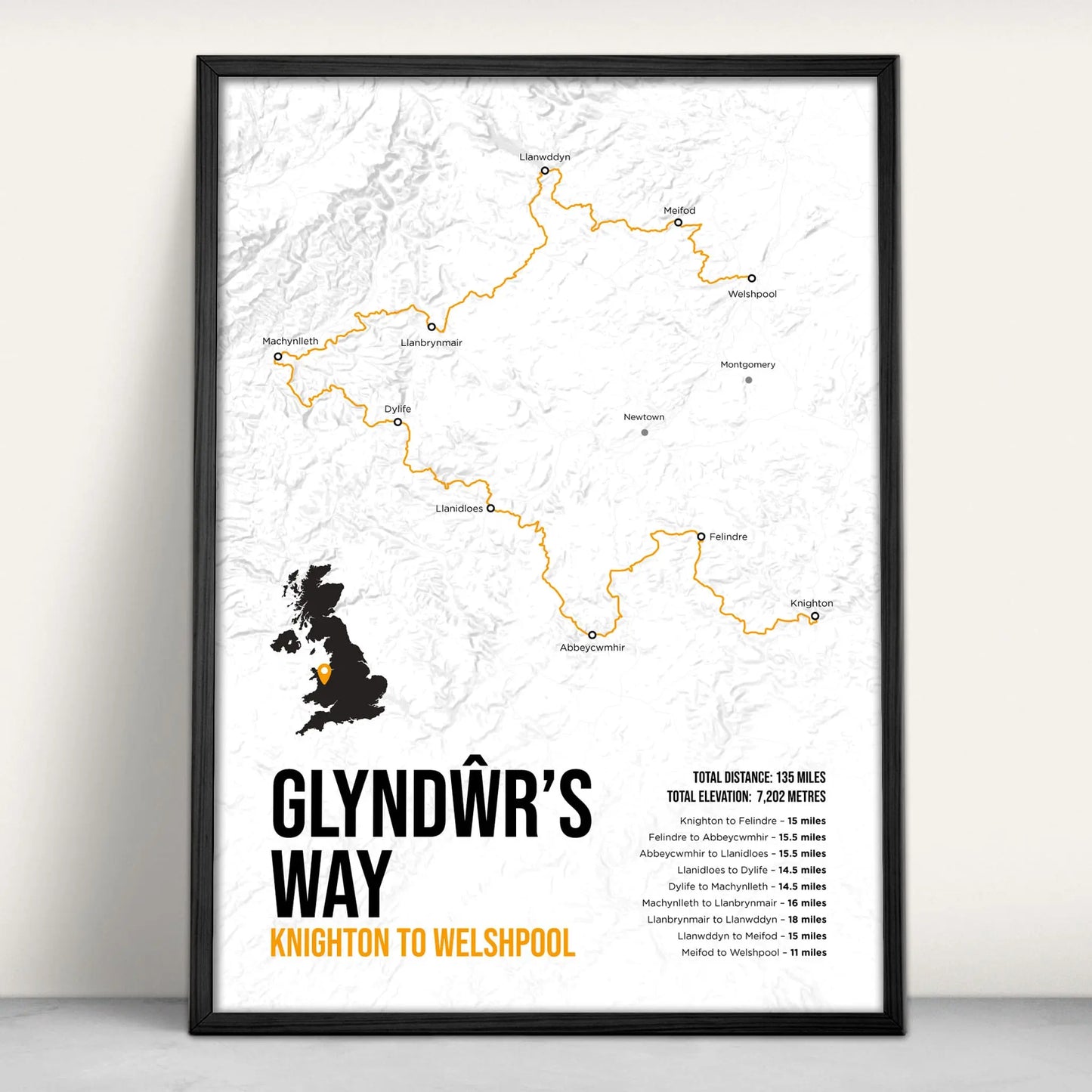 lyndŵr's Way National Trail Map Art Print in orange from Purest Green Prints