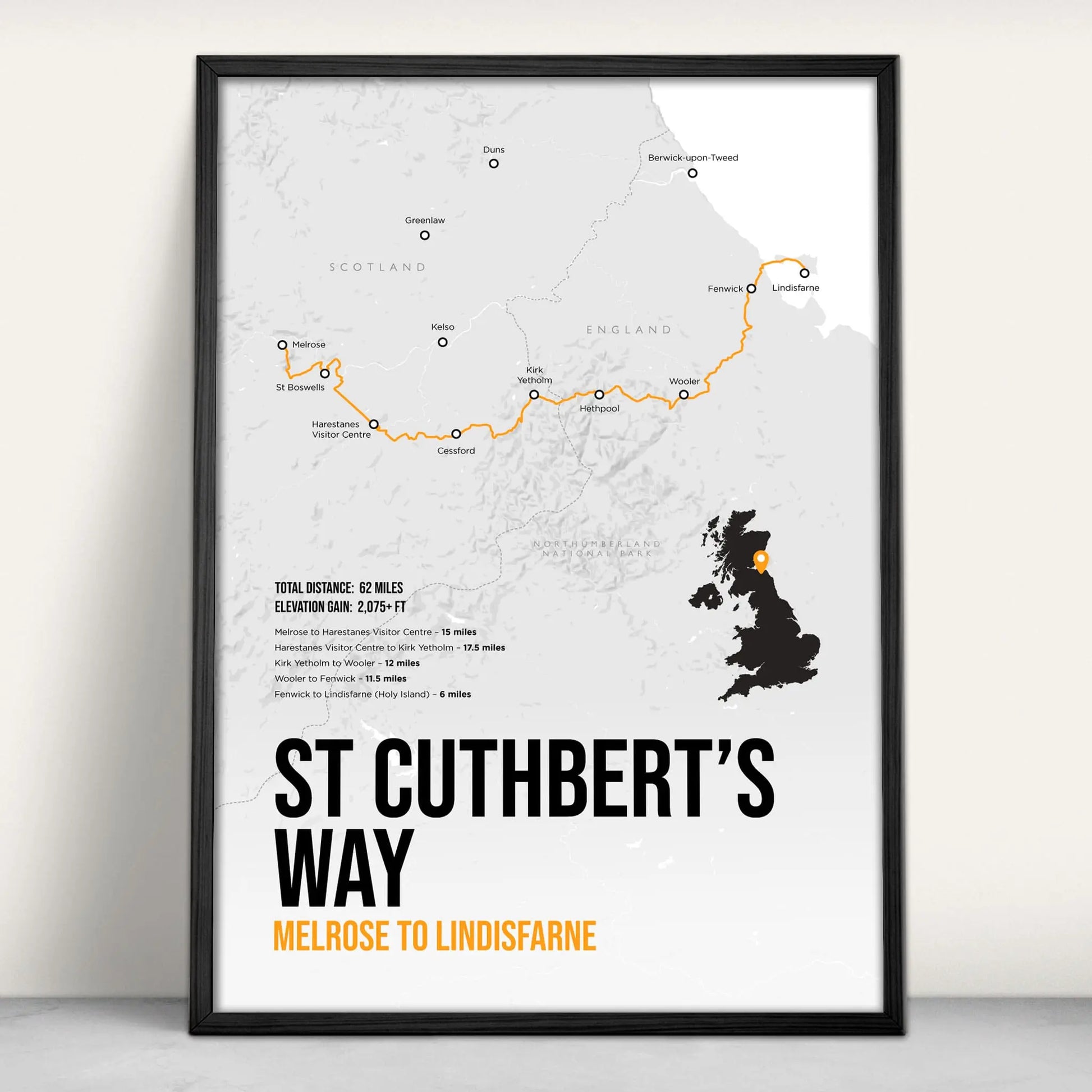 St Cuthbert's Way Scottish Trail Map Art Print in orange from Purest Green Prints.