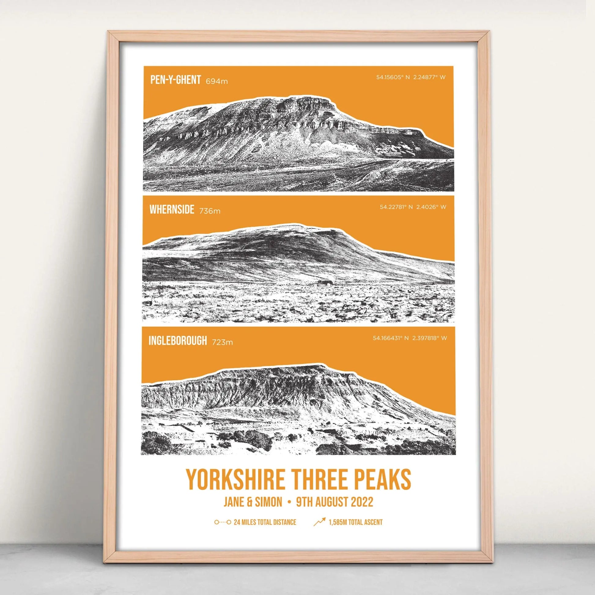 Personalised Yorkshire Three Peak Challenge Art Print in orange from Purest Green Prints