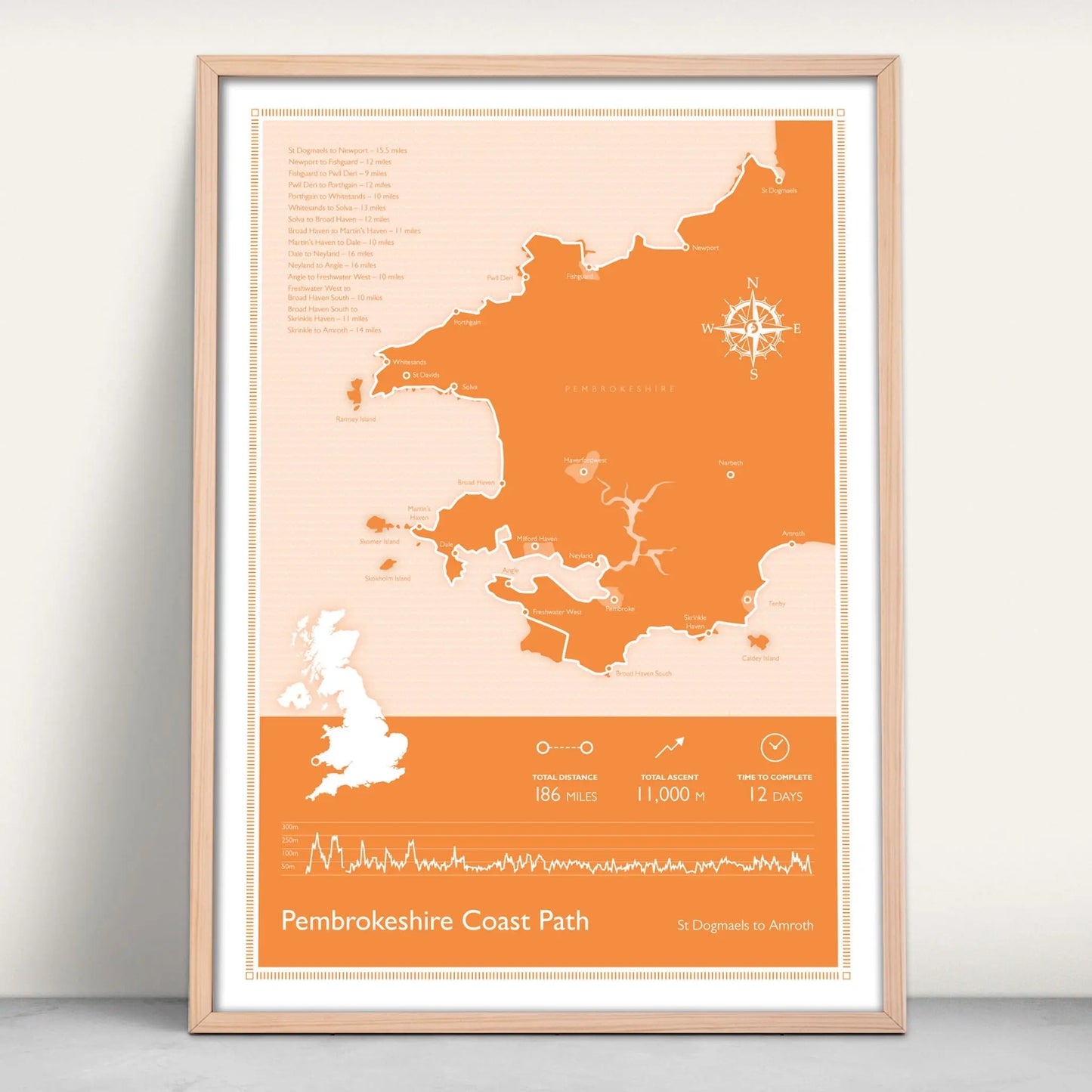 Pembrokeshire Coast Path National Trail Personalised Map Art Print in orange from Purest Green Prints