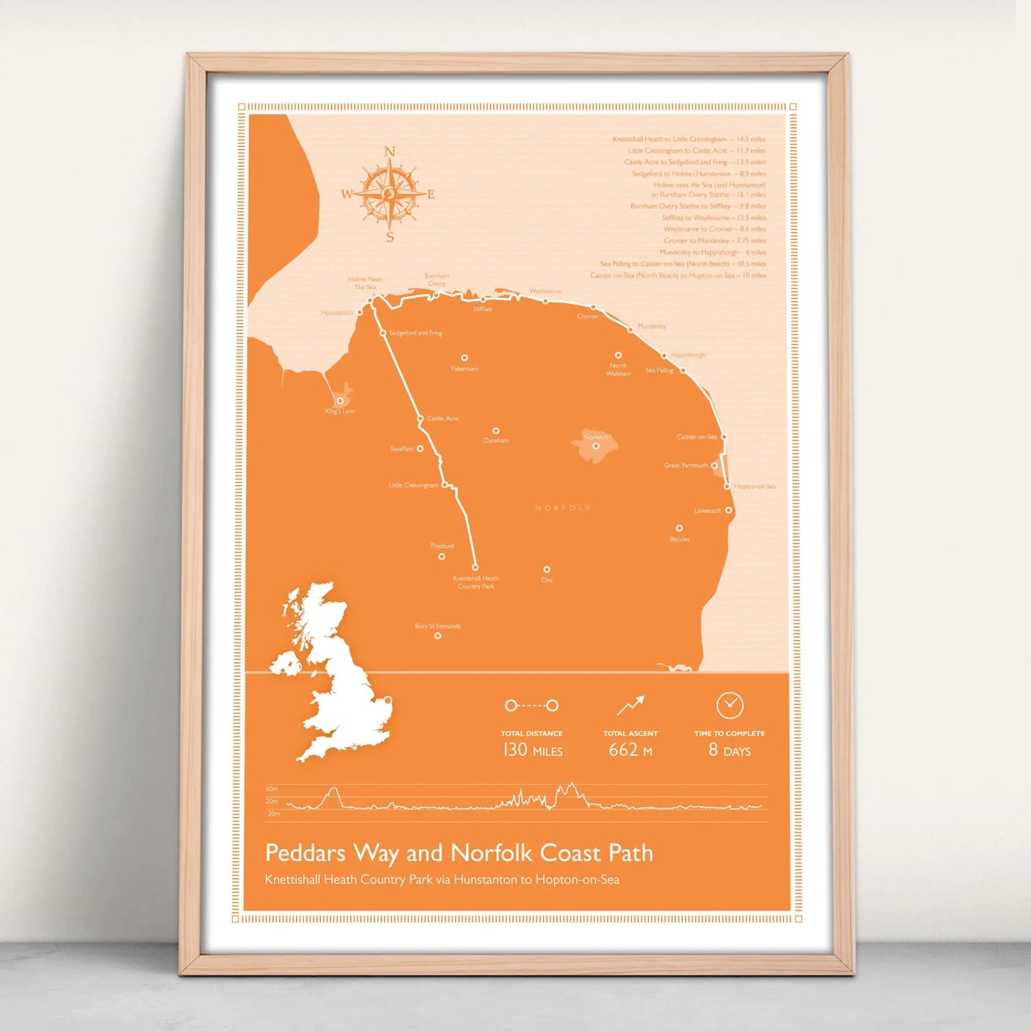 Peddars Way and Norfolk Coast Path National Trail Personalised Map Art Print in orange from Purest Green Prints